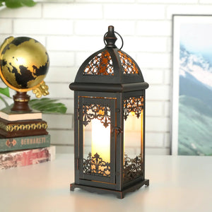 15-inch black decorative candle lantern with ornate metal lattice, shown beside a globe.