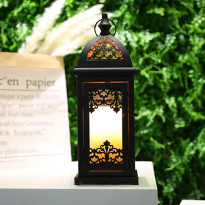 15-inch high black metal decorative candle lantern with intricate lattice panels
