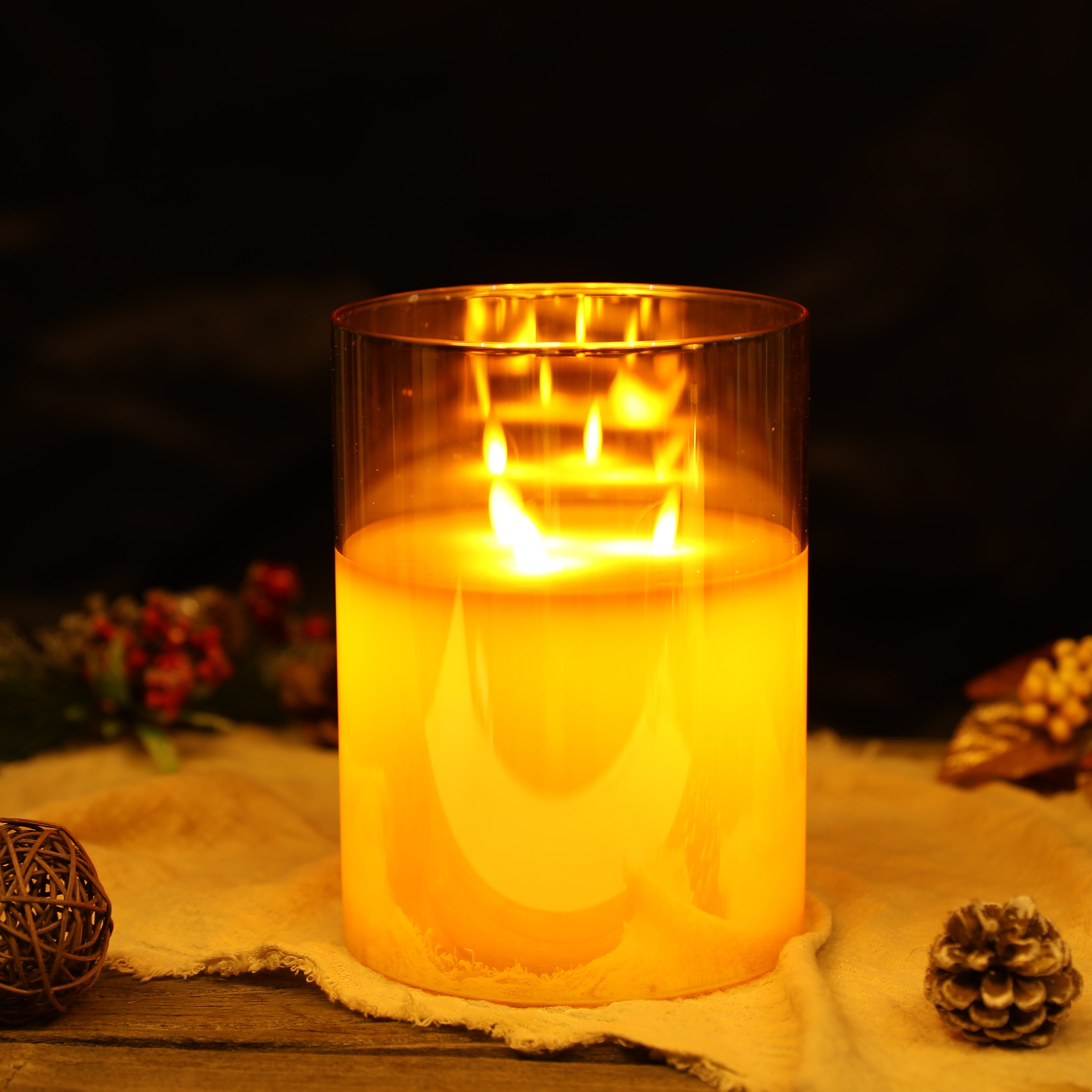 JHY DESIGN 8'' High 3-Wick Glass Battery-Operated Flameless Candle, warm yellow glow
