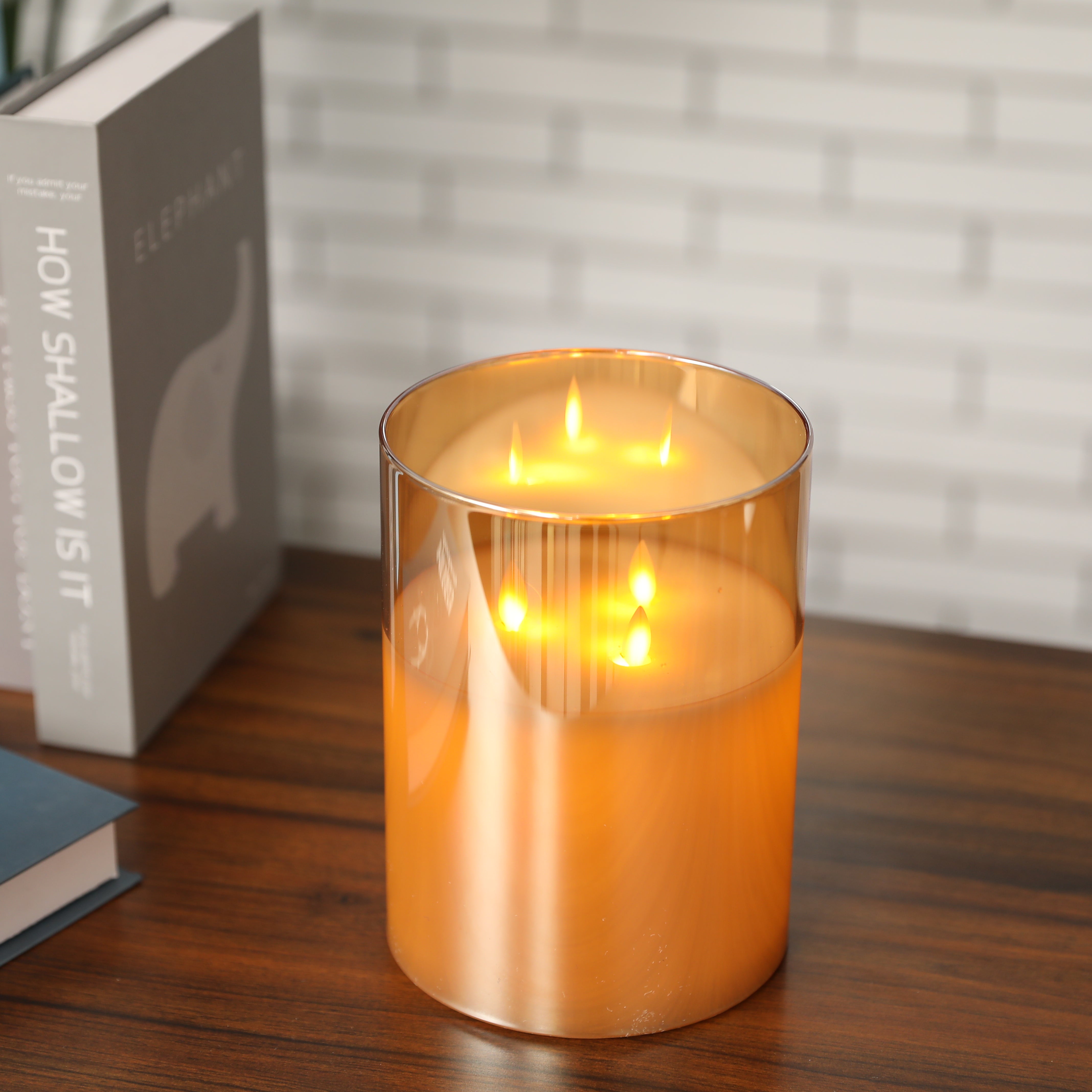 8-inch amber glass 3-wick flameless candle, battery-operated with yellow glow, by JHY DESIGN