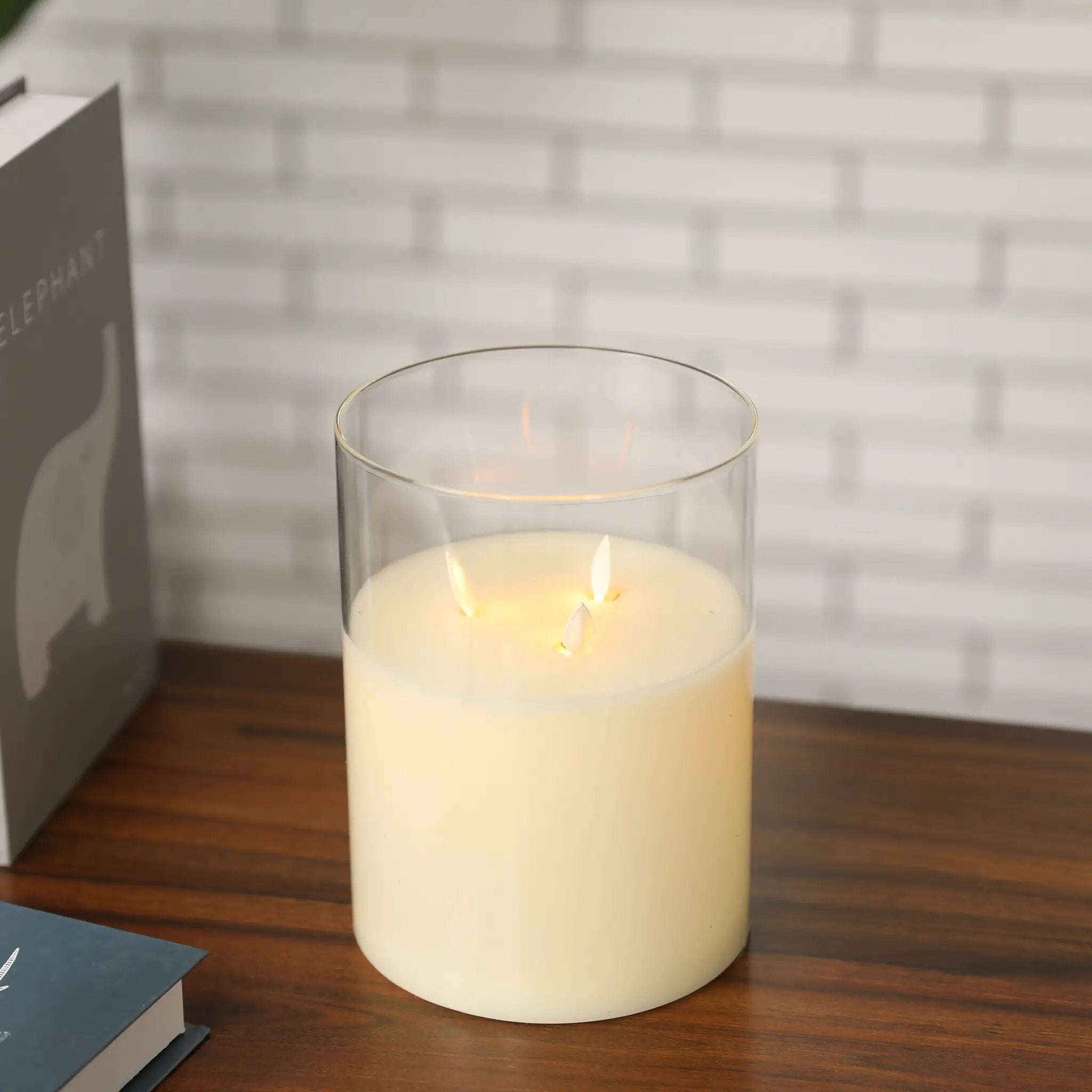 8-inch glass 3-wick flameless candle, white, battery-operated by JHY DESIGN
