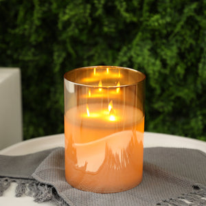 8-inch high glass 3-wick flameless candle in amber-yellow gradient with warm LED flames