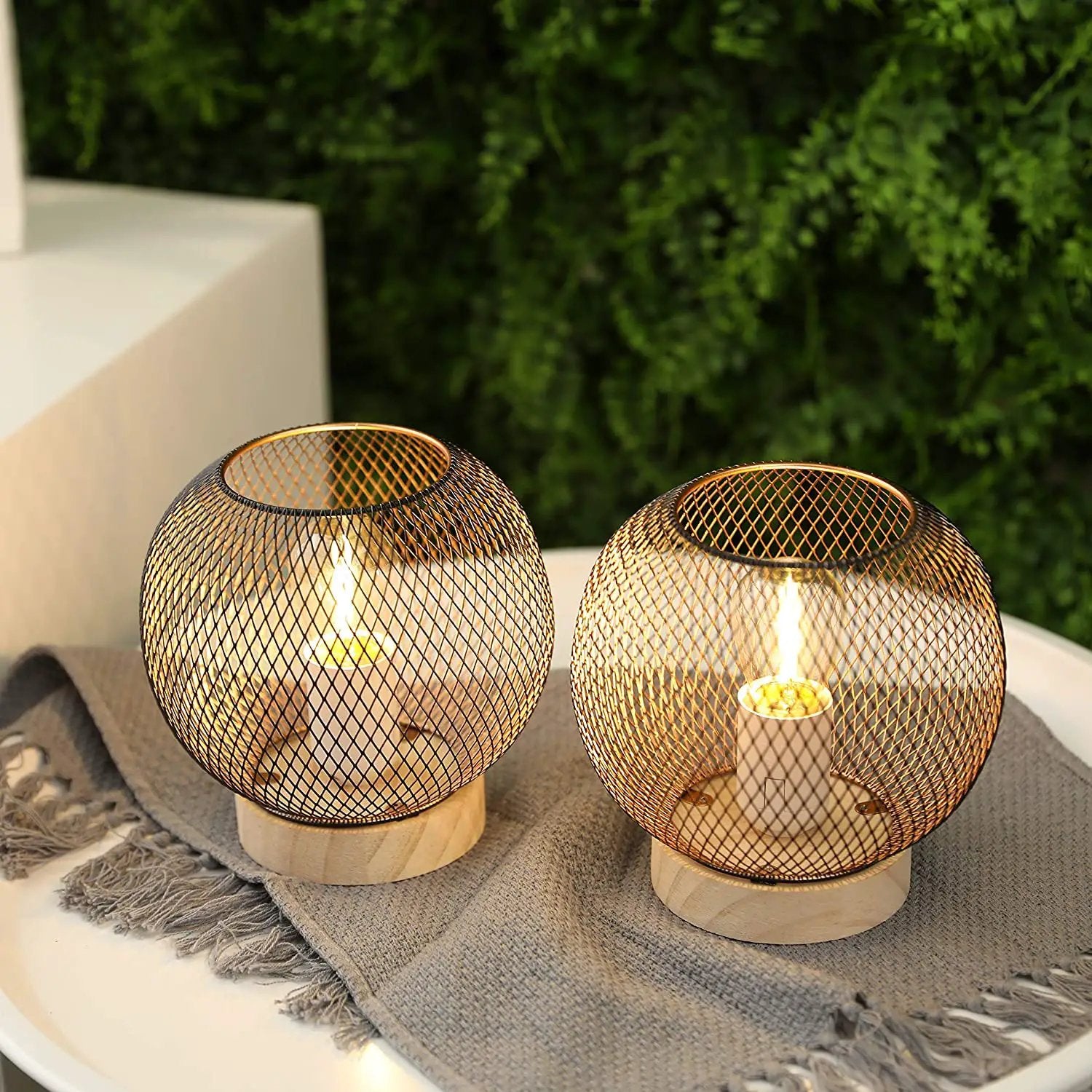 7.5-in High Battery Powered Table Lamp Set of 2 by JHY DESIGN; gold wire-mesh globe lamps on wooden bases, warm light