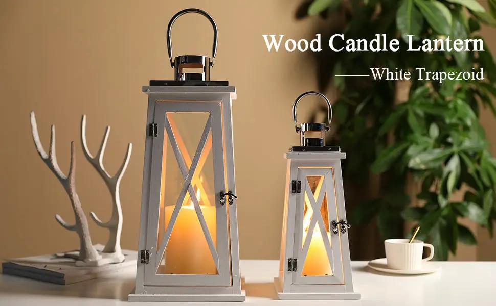 JHY DESIGN metal decorative candle lanterns, rustic white trapezoid hanging lanterns, set of 2