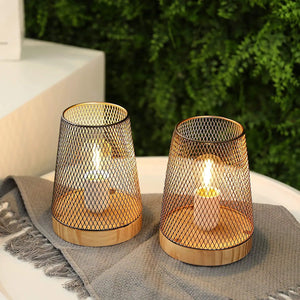 JHY DESIGN 2-pack battery-powered metal mesh table lamps with wooden bases, warm amber glow