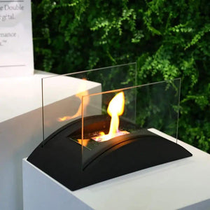 13.5-inch rectangular tabletop gel and ethanol fireplace with curved black base and two clear glass panels by JHY DESIGN