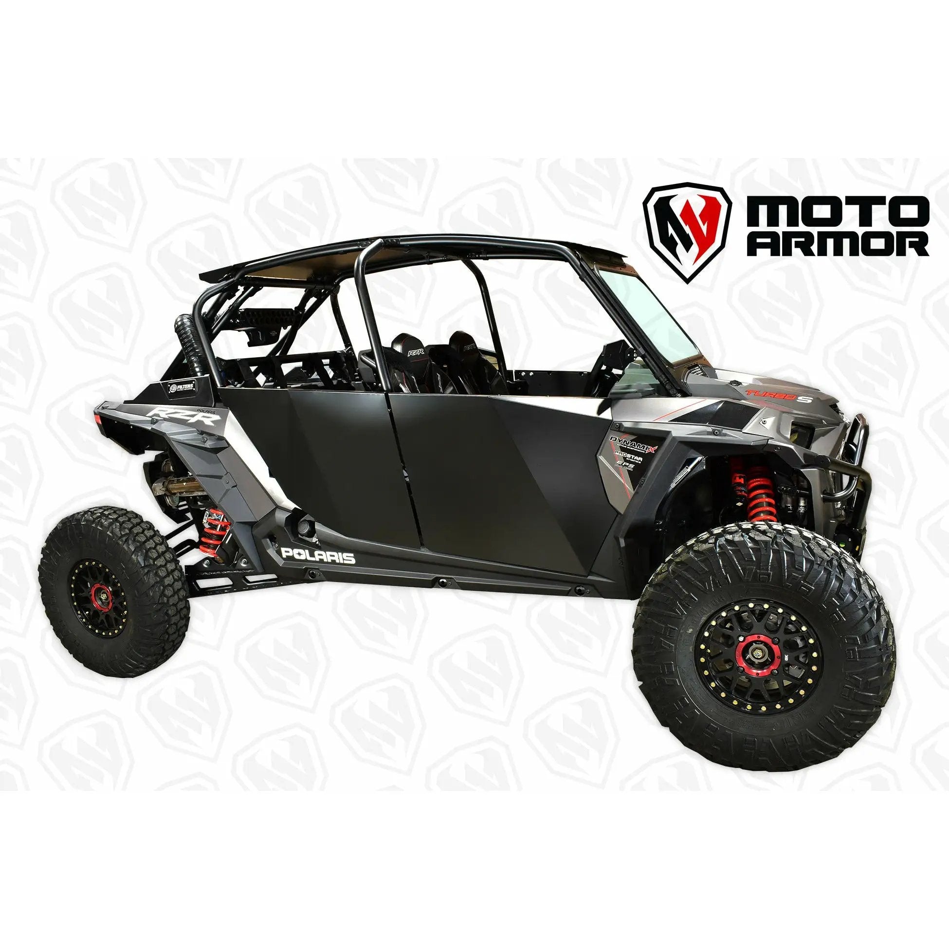Polaris RZR XP 4 1000 black aluminum doors; rugged UTV with Moto Armor backdrop