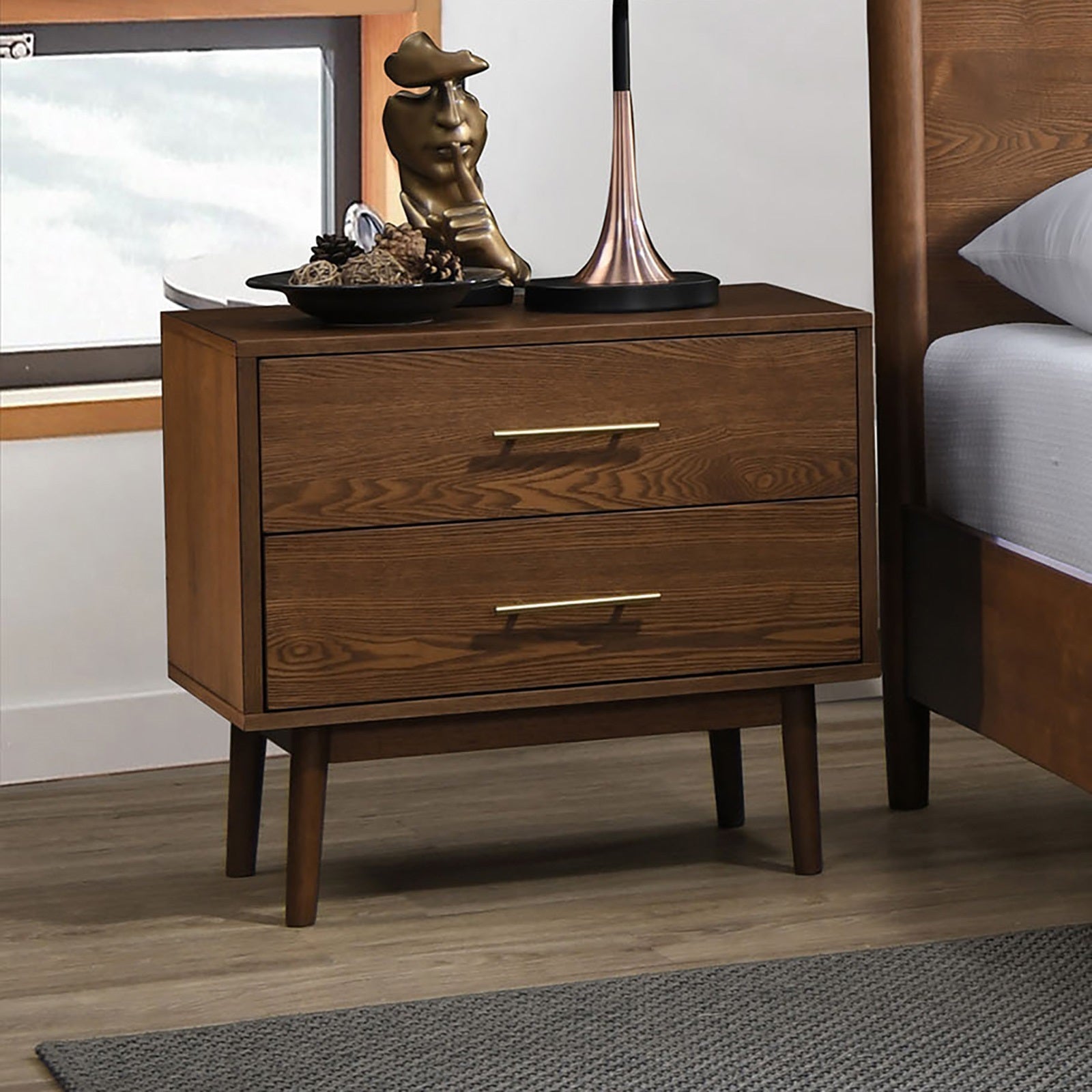 Walnut 1pc Nightstand Solid wood Bedside Table Nickle Bar Pulls 2-Drawers Round Tapered Legs Bedroom Modern Style