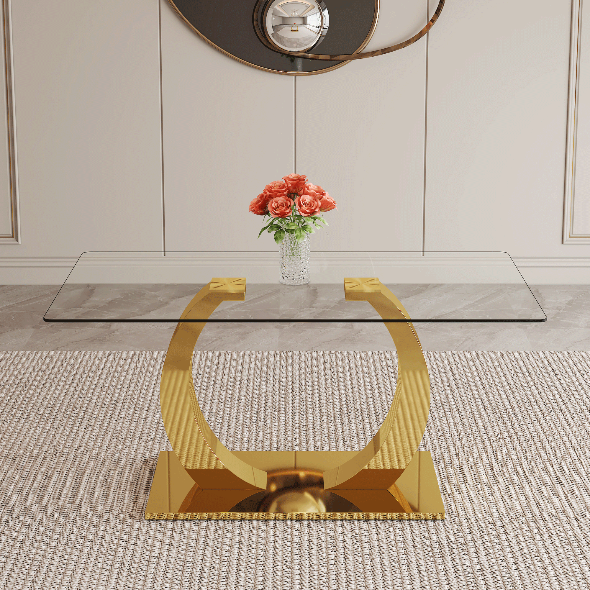 63 x 35.4 x 30-inch Transparent Glass Dining Table - A Perfect Blend of Durability and Elegance.Transparent Tempered Glass Tabletop,Golden stainless steel metal table legs.