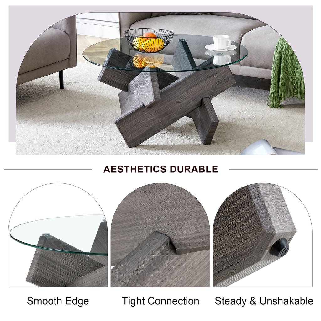 Round glass coffee table, 33.4" modern design unique coffee table. Tempered glass top with grey patterned MDF legs. Suitable for living and dining rooms
