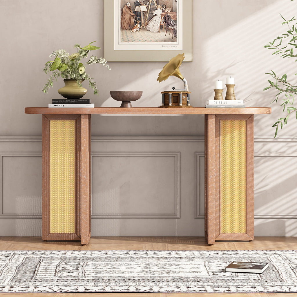 TREXM Farmhouse Rattan Console Table Entryway Table, Narrow Console Table with Storage, Hallway Table for Living Room, Entrance (Natural Wood Wash)