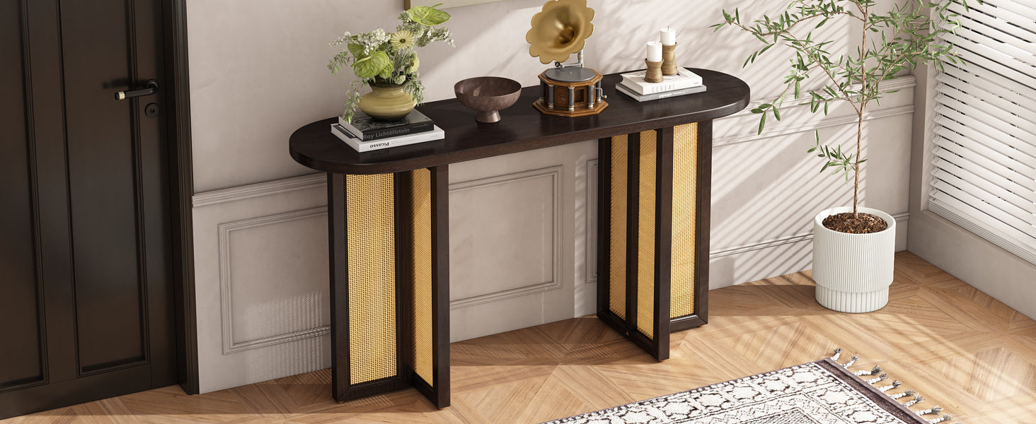 TREXM Farmhouse Rattan Console Table Entryway Table, Narrow Console Table with Storage, Hallway Table for Living Room, Entrance (Espresso)