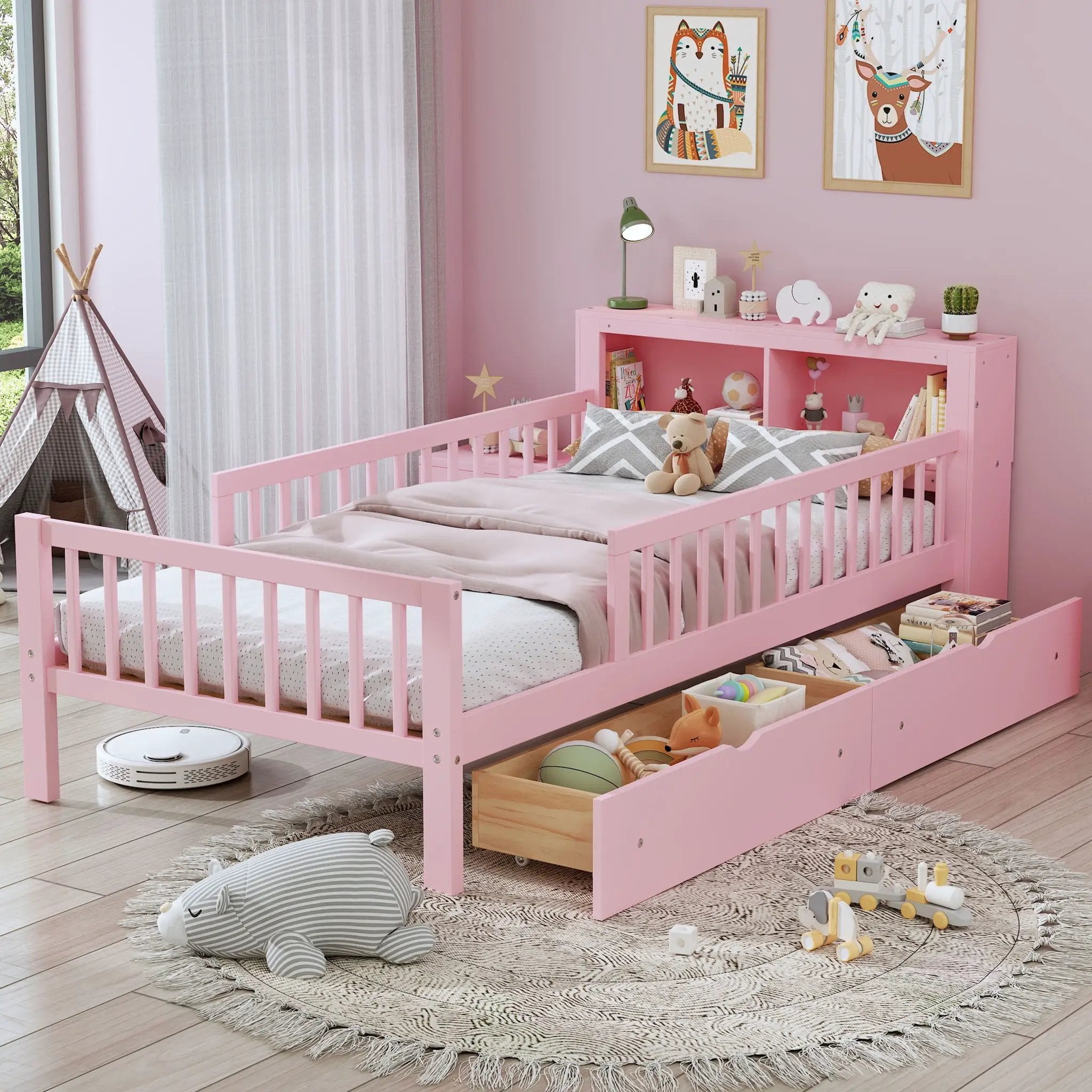 Bed With Headboard Storage Rack, 2 Under Bed Drawers, 3 Side Guardrails For Safety
