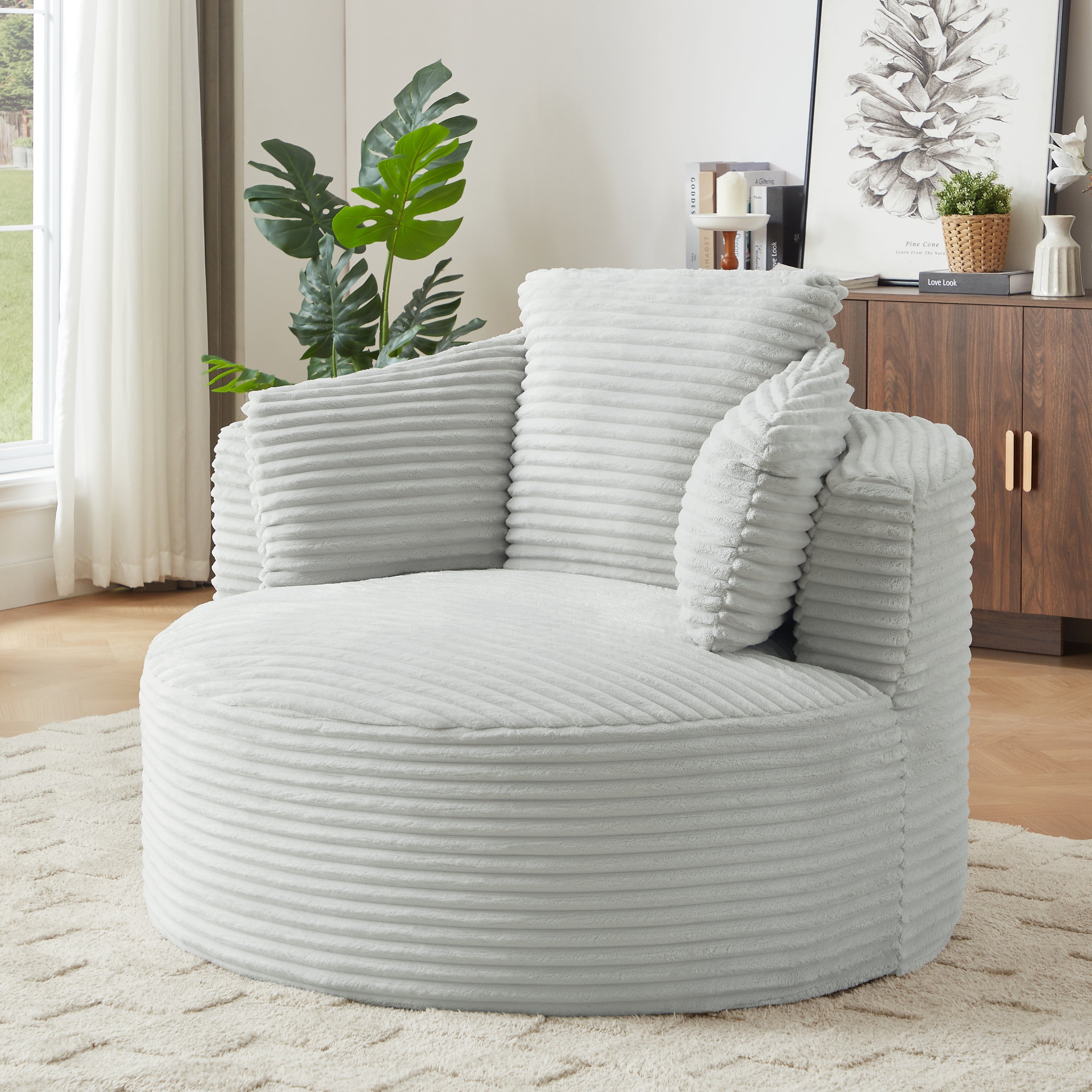 Compressible Corduroy Round Chair with Cushioned Backrest - Modern Comfort Seating for Living Room,Office,Apartment(no swivel)