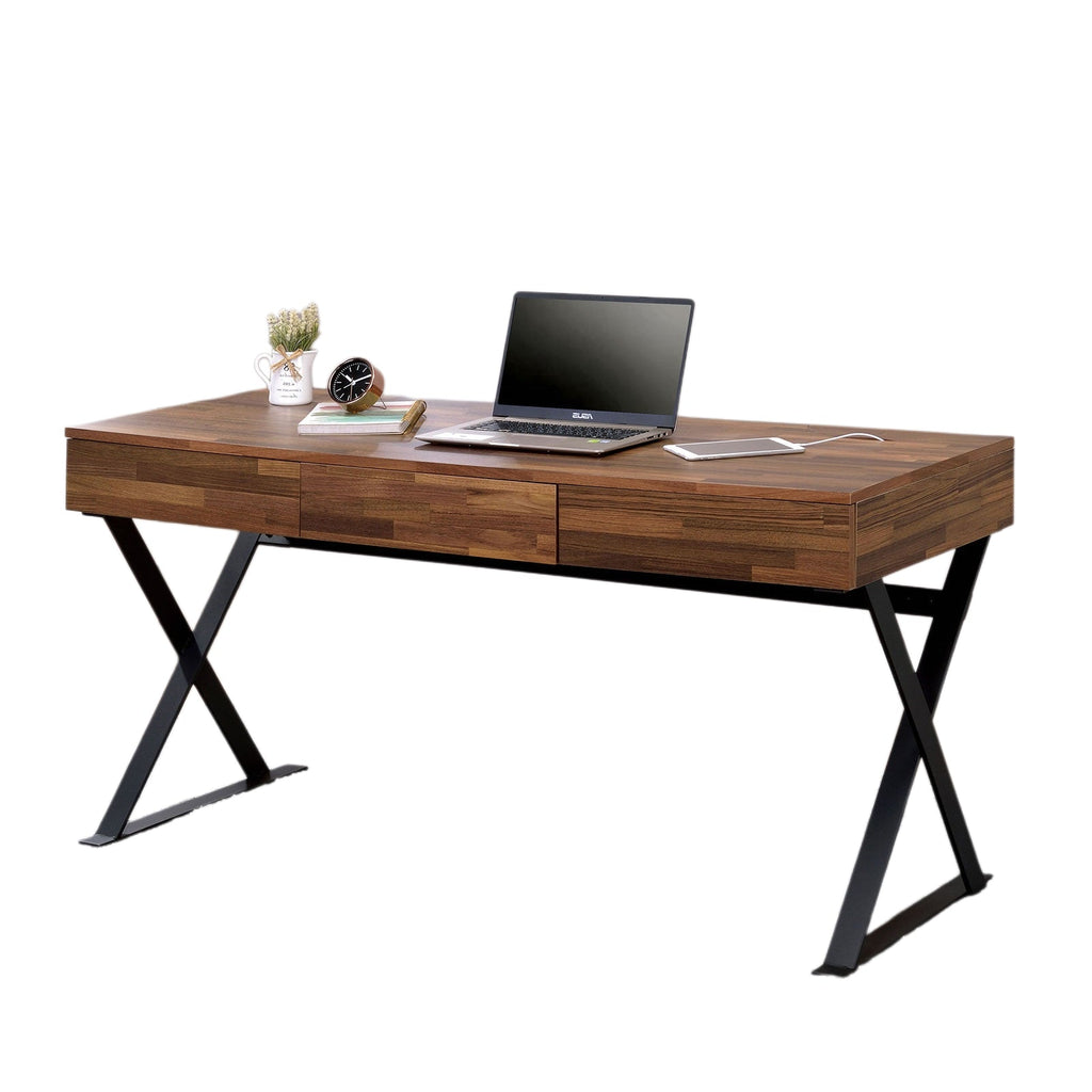 Industrial Computer Desk With Three Storage Drawers USB And Power Outlet, X-Cross Legs Black
