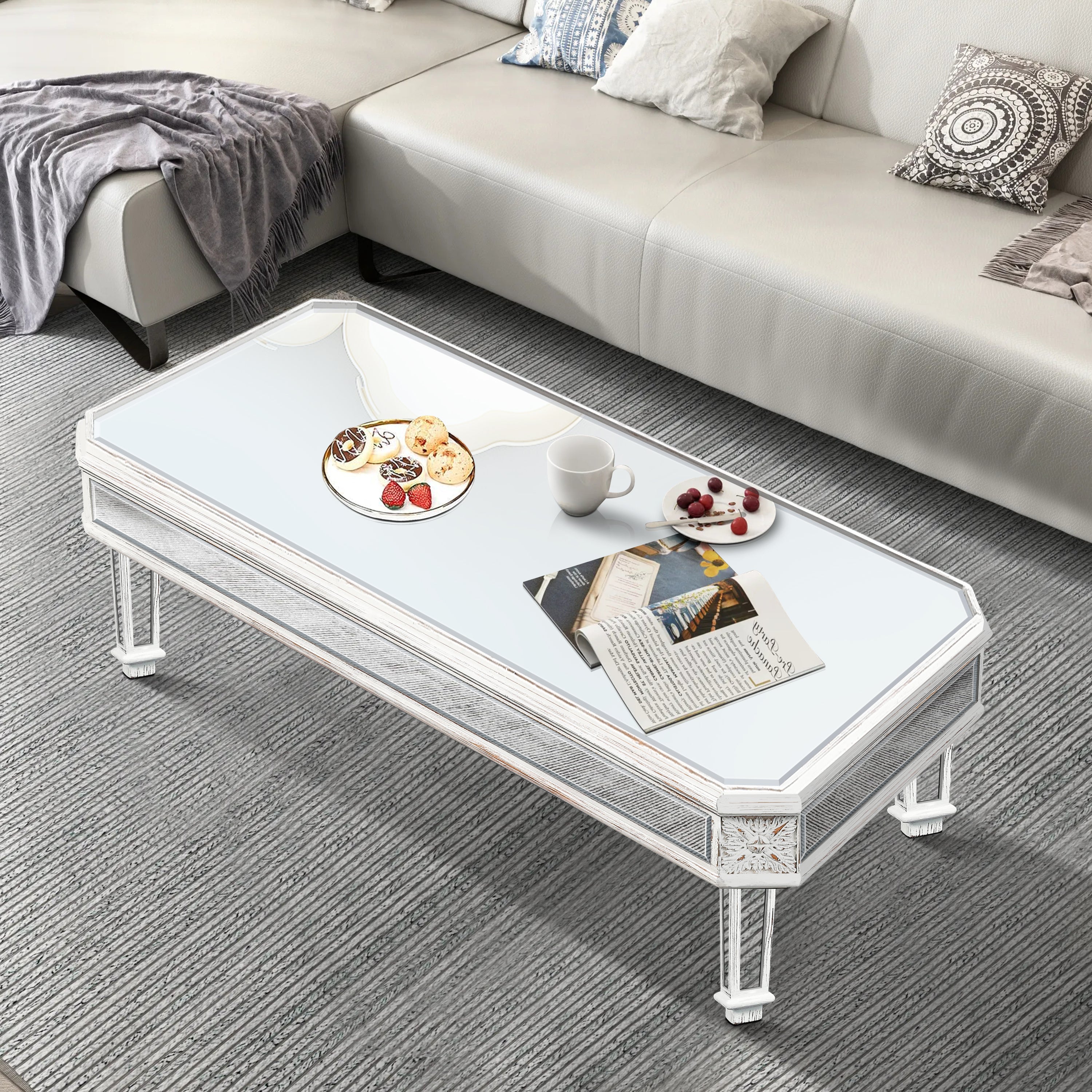 Silver Mirrored Coffee Table, Vintage Carved Elements, Rectangle Glass Tea Table with Mirrored Finish, Modern Center Table for Living Room and Office (24" D x 48" W x 18" H)