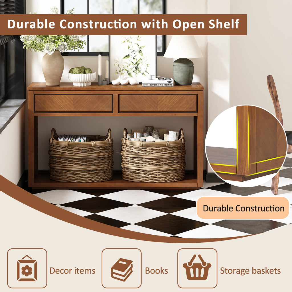 TREXM 55' Console Table, Rustic Wooden Entryway Table with Storage Drawers and Open Shelf, Elegant Sofa Table for Hallway and Living Room (Honey)