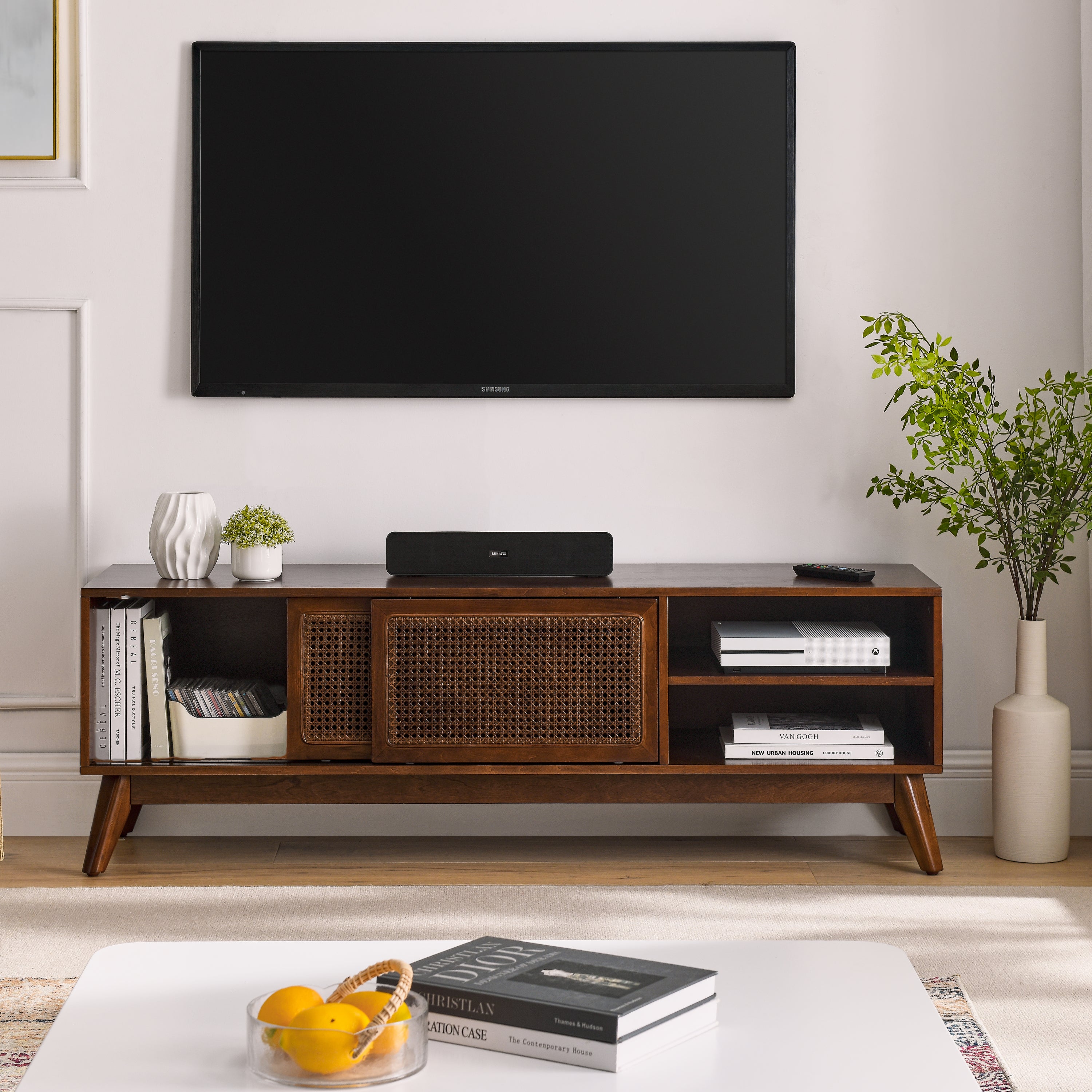 59 Inch Mid Century Modern Rattan TV Stand for 65 Inch TV, Entertainment Cabinet, Media Console for Living Room Bedroom Media Room, Solid Wood Feet & Rattan Cabinet Doors - Dark Wood