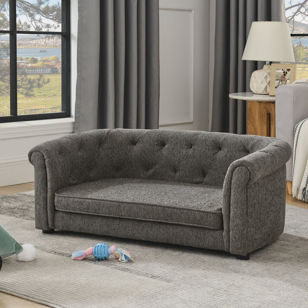 Pet sofa with arc-shaped backrest and armrests, contemporary rectangular pet sofa crafted from breathable linen  cozy soft cushion dog sofa --Dark grey