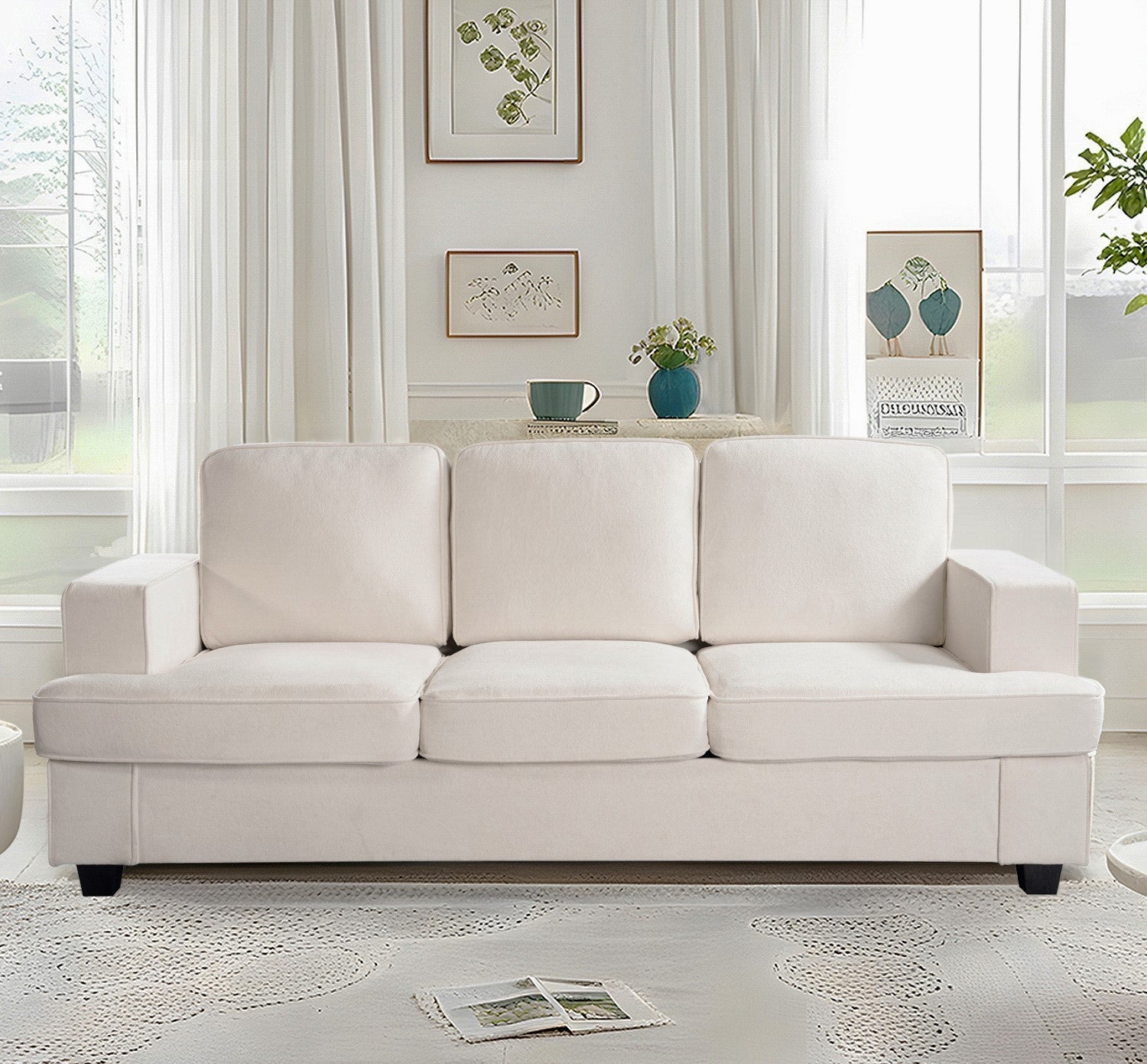 Modern Velvet Sofa, Comfortable 3 Seater Couch with Deep Seating and High-Density Foam, Loose Back Cushions, Wide Arms, Living Room Furniture for Home, Apartment, Office, Ivory