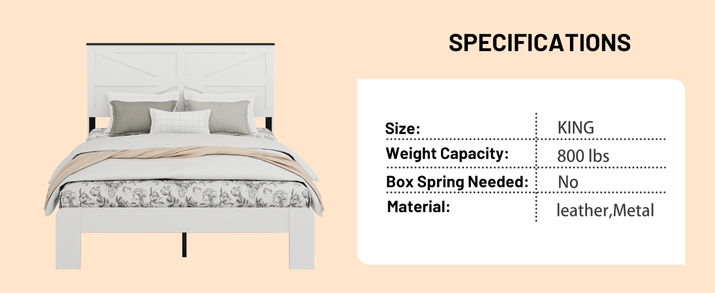King Bed Frame Headboard , Wood Platform Bed Frame , Noise Free,No Box Spring Needed and Easy Assembly Tool,Large Under Bed Storage,White