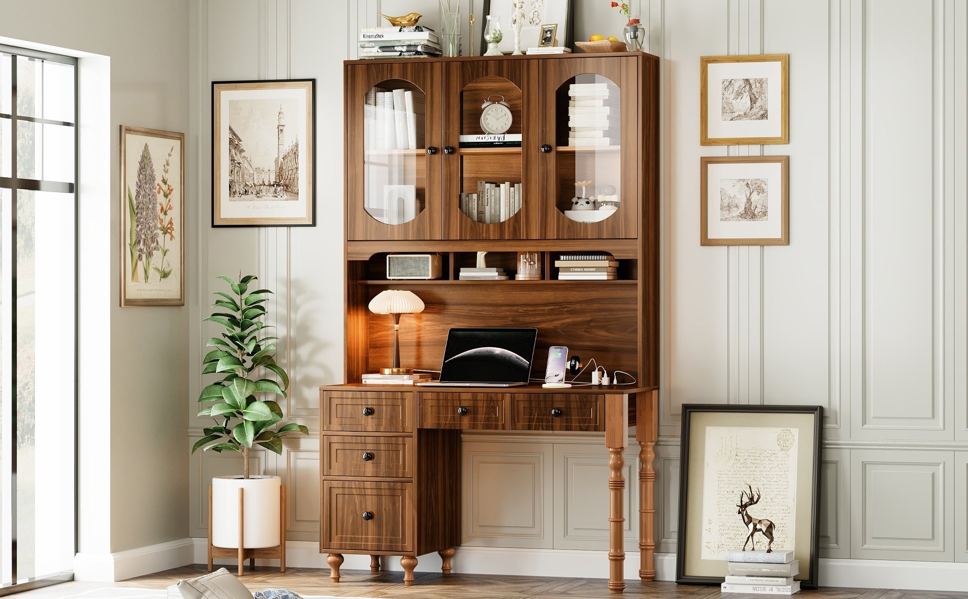 47'' Retro Desk with Charging Ports and Hutch Cabinet, Office Desk with 5 Storage Drawers and Transparent Glass-Door Bookshelf, Executive Computer Desk for Home Office, Bedroom, Walnut