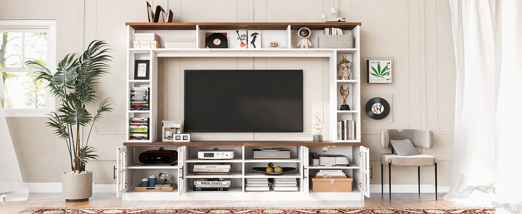 U-Can 95.5' W Wall Unit Entertainment Center with Bookshelves for TVs up to 80', Modern TV Stand Media Console with Cabinets, Tempered Glass Doors and Adjustable Shelves for Living Room