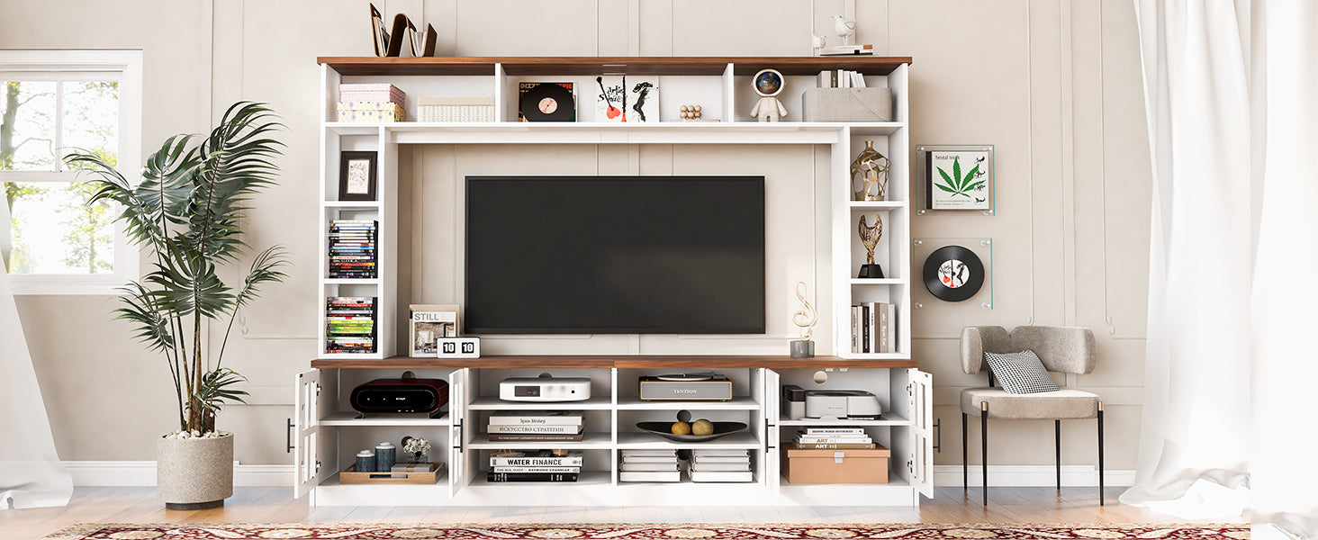 U-Can 95.5' W Wall Unit Entertainment Center with Bookshelves for TVs up to 80', Modern TV Stand Media Console with Cabinets, Tempered Glass Doors and Adjustable Shelves for Living Room