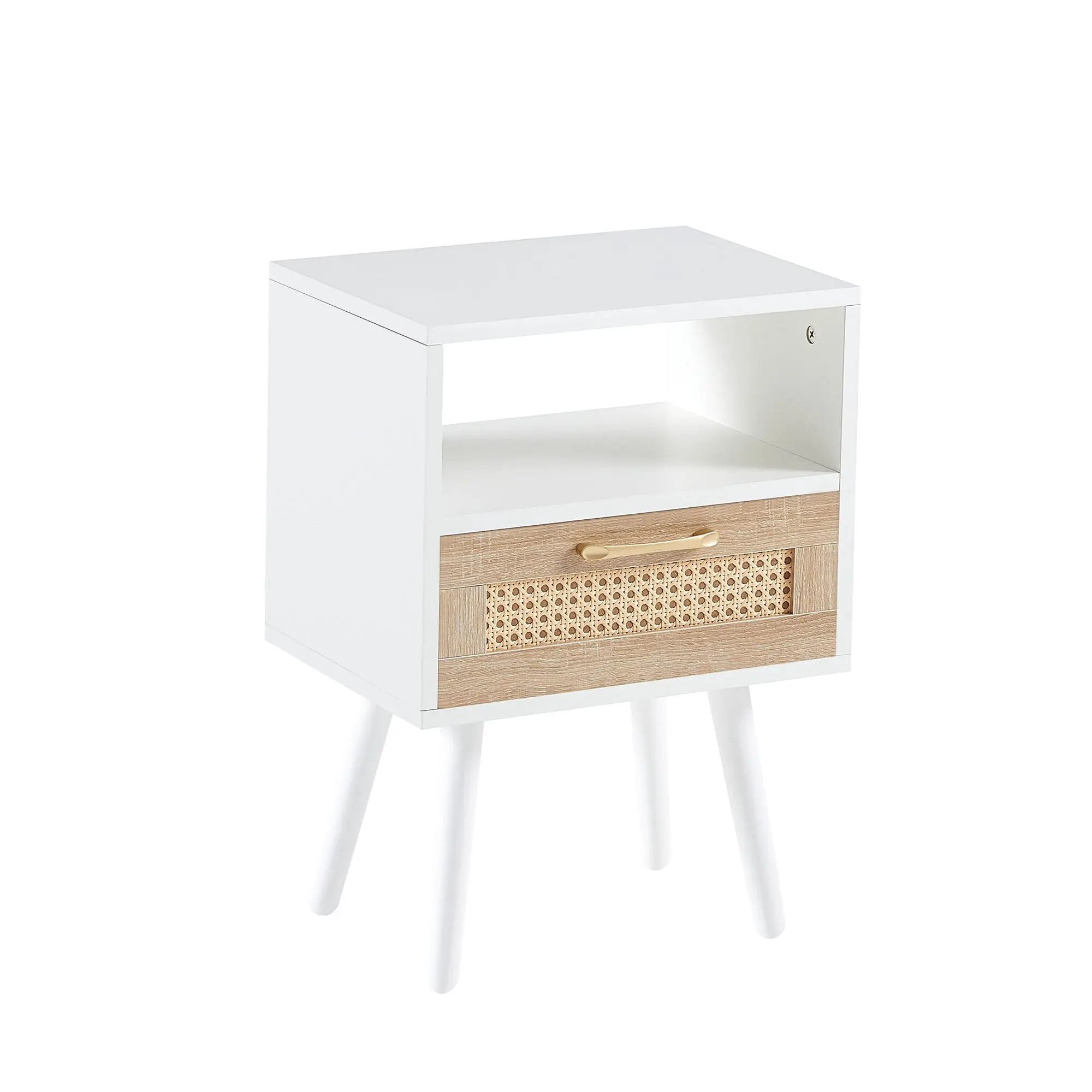 15.75" Rattan End Table With Drawer And Solid Wood Legs, Modern Nightstand, Side Table For Living Room, Bedroom