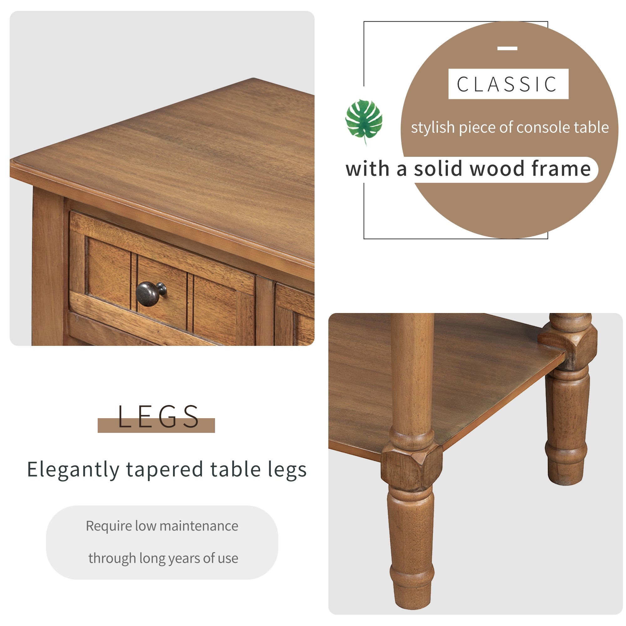 TREXM Narrow Console Table, Slim Sofa Table with Three Storage Drawers and Bottom Shelf (Natural)