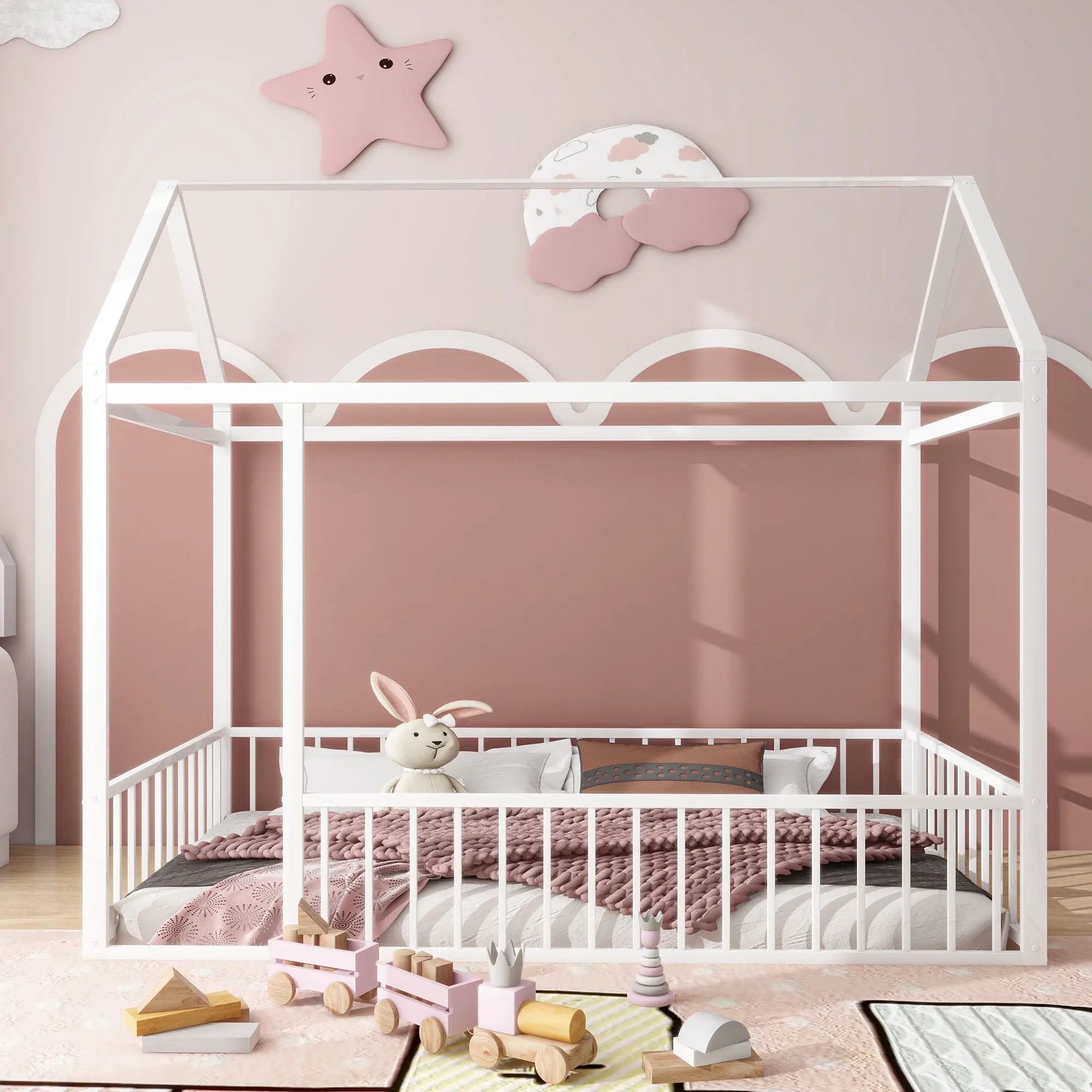 Metal Bed House Bed Frame With Fence
