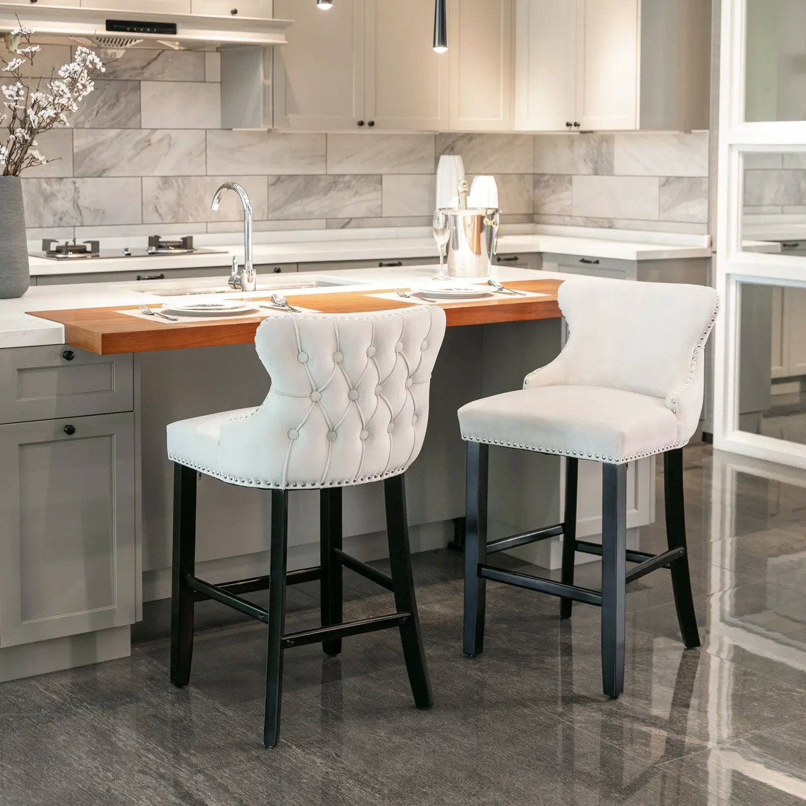 Contemporary Upholstered Wing-Back Barstools With Button Tufted Decoration And Wooden Legs, And Nailhead Trim, Leisure Style Bar Chairs, Bar Stools (Set of 2)