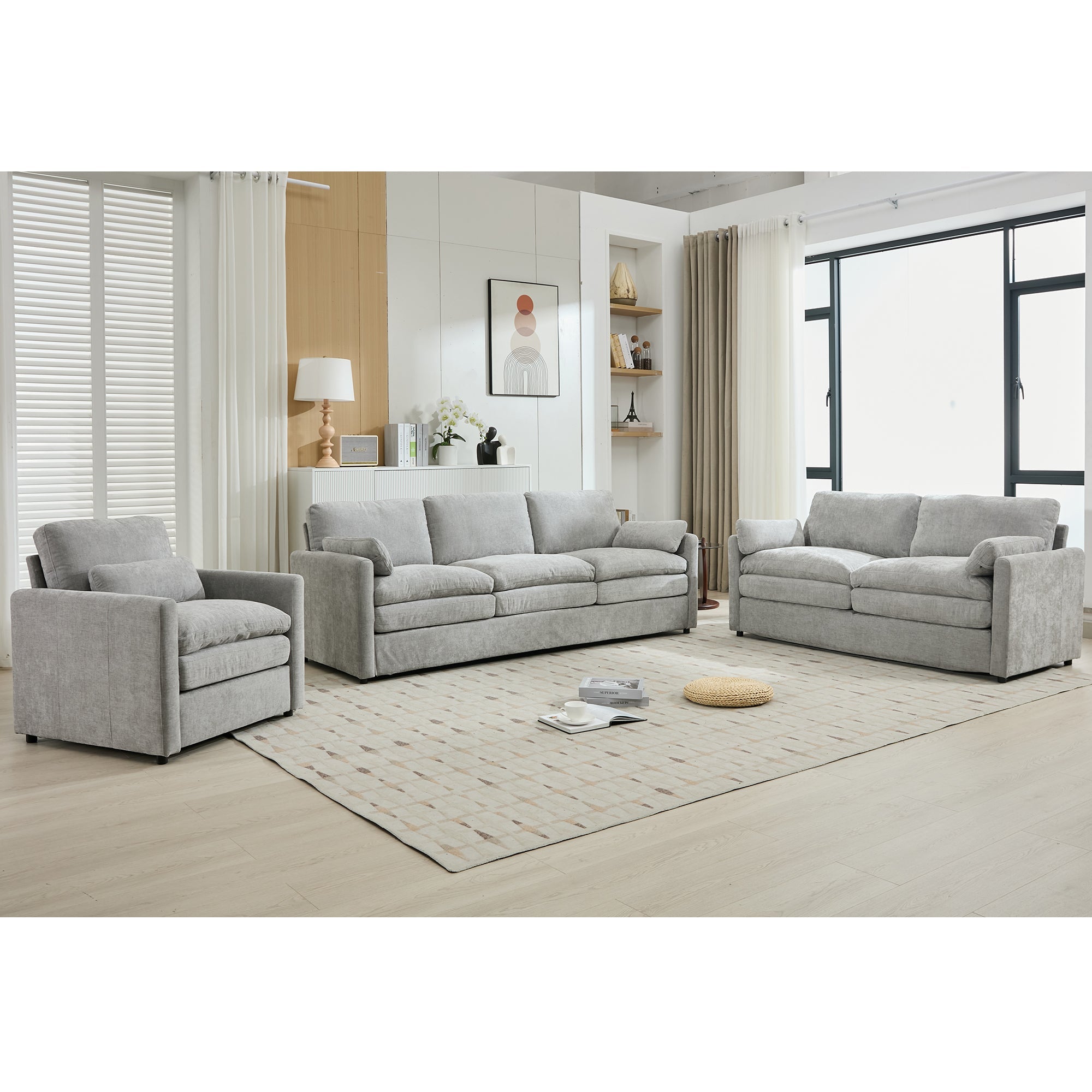Cozy Upholstered Sofa Set Oversized Comfy Cloud Sofa Double Cushion Sofa Group Plush Cushion Sofa Couch for Living Room, Light Grey