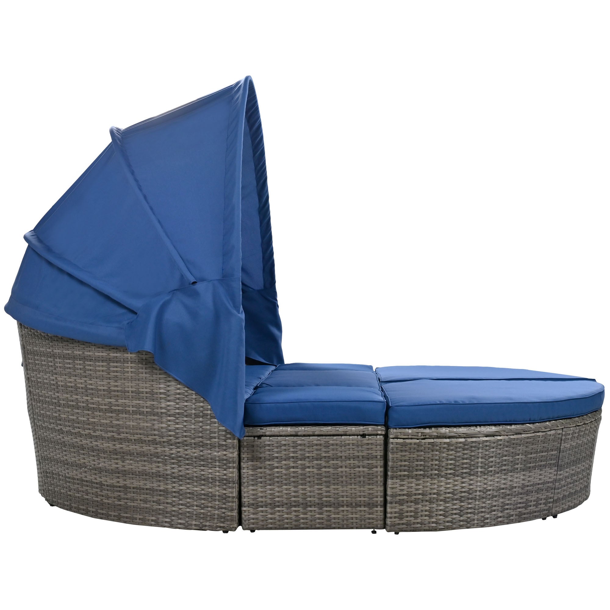 GO Outdoor rattan daybed sunbed with Retractable Canopy Wicker Furniture, Round Outdoor Sectional Sofa Set, Gray Wicker Furniture Clamshell Seating with Washable Cushions, Backyard, Porch, Blue