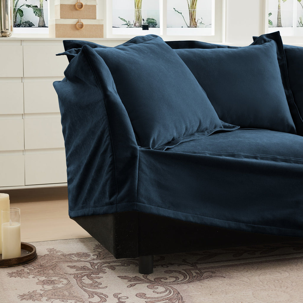 Slipcovered Sofa 2 Seater Sofa    With 2 Ottomans, 2 Seater Sleeper Sofa Bed Home Theater Oversized Sofa For Living Room, Chenille, Blue