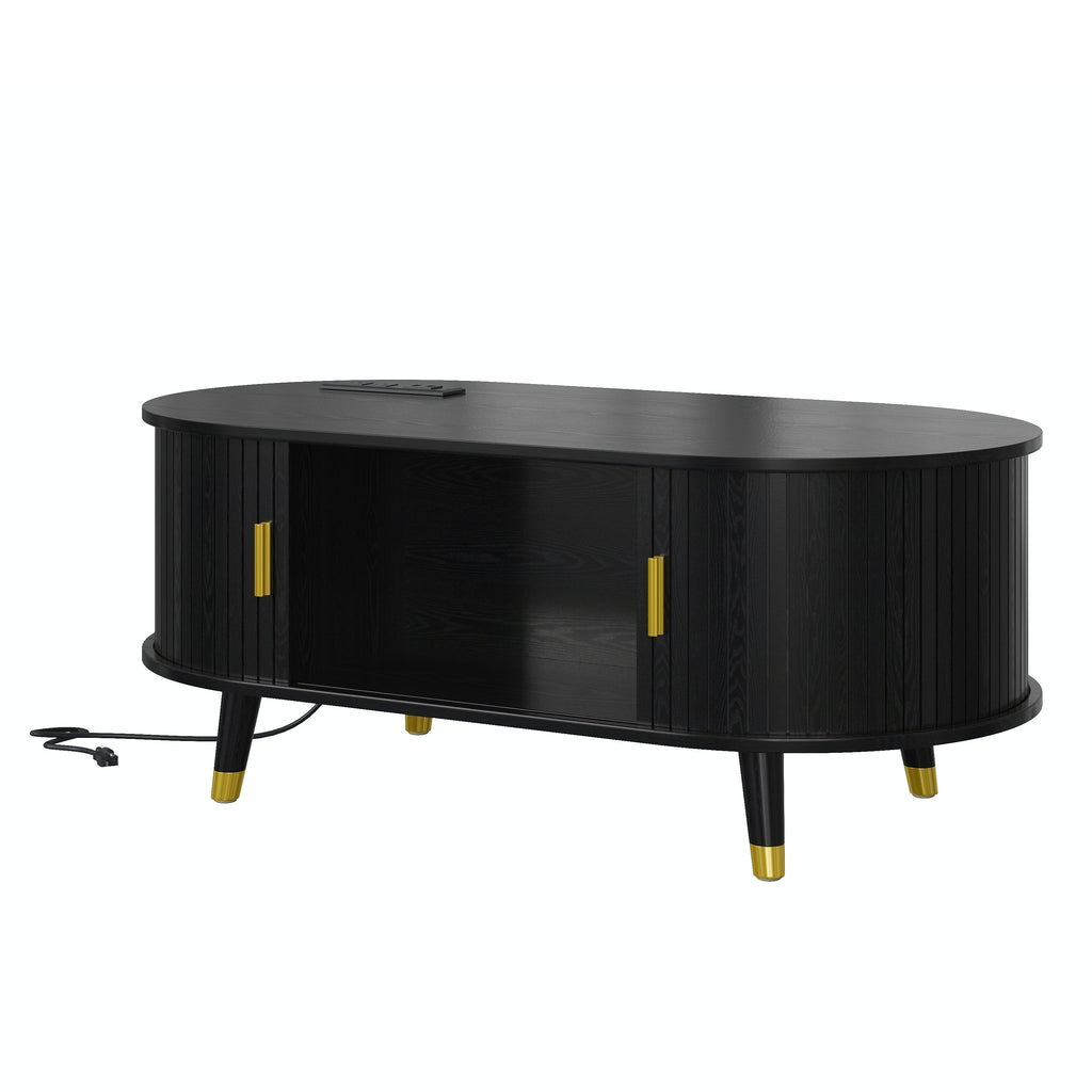 Wooden Farmhouse TV Stand & Coffee Table Set with Charging Station, Oval Fluted Media Console with Sliding Doors for TVs up to 80', Mid-Century Center Table with Solid Wood Legs for Living Room,Black