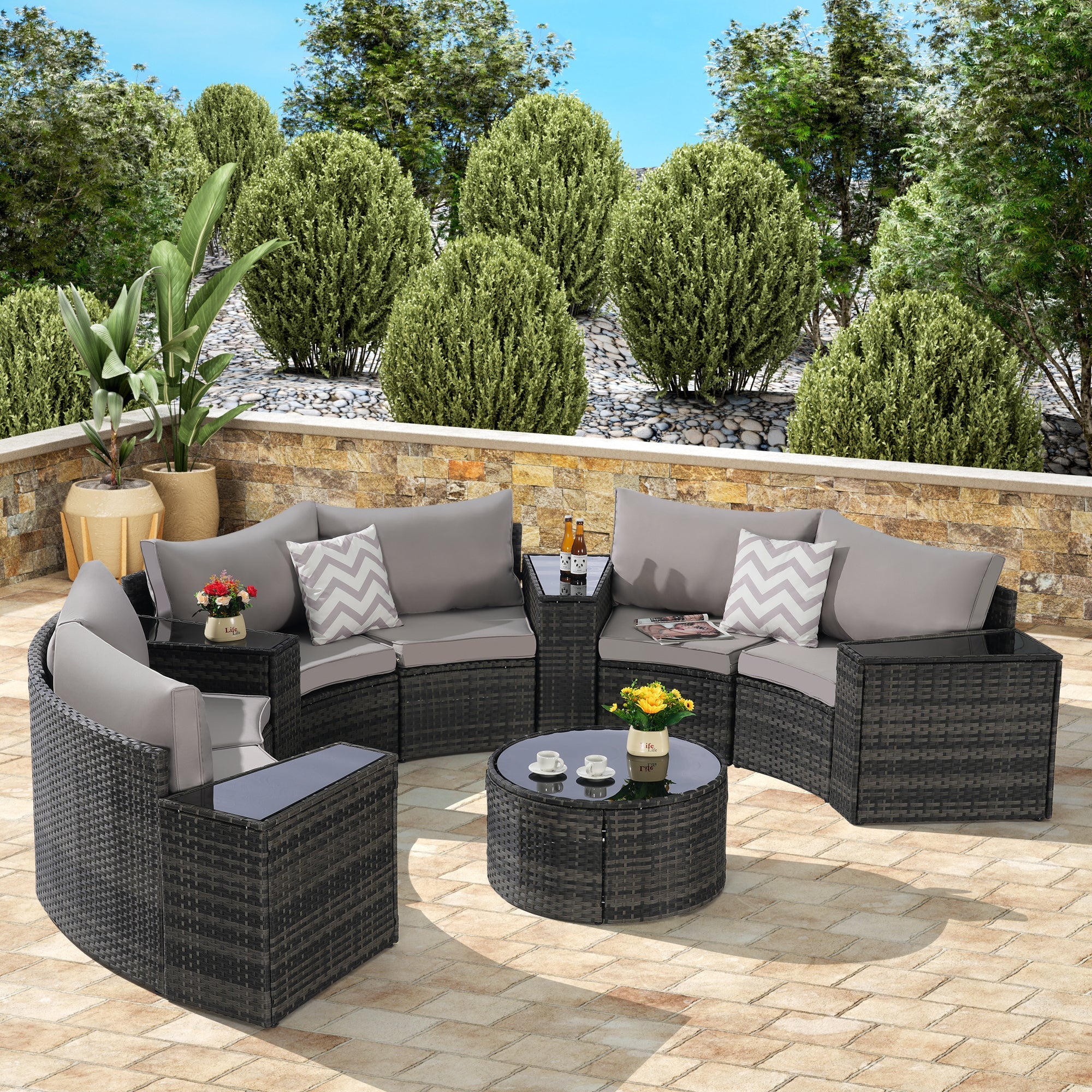Outdoor Patio Furniture 11-Piece Half-Moon Sectional Round Patio Furniture Set Sofa with Tempered Glass Round Coffee Table