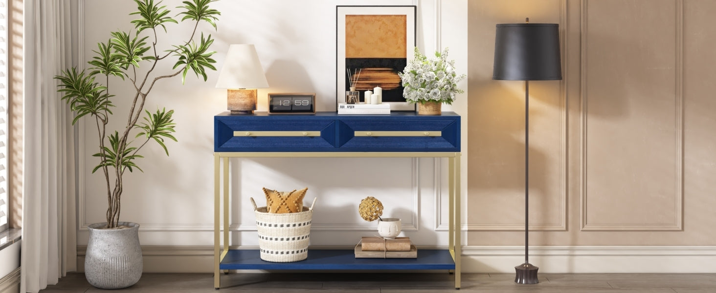 TREXM Entryway Table, Console Table with Two Drawers, Retro Hallway Table with Striking Geometric Design for Entryway and Living Room (Navy)
