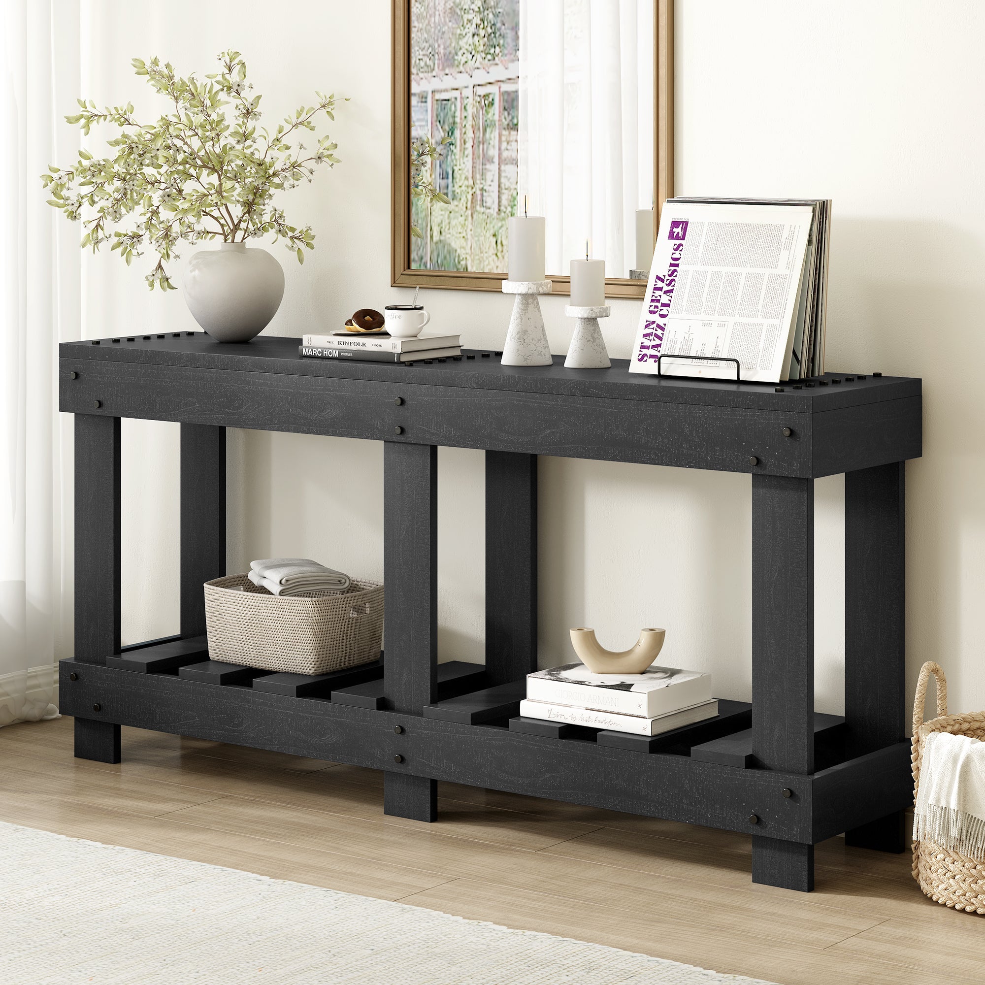 U_Style 62.9' Vintage Entryway Table - Fir Solid Wood with Natural Grain, 6 Reinforced Legs & 4.5' Thick Desktop, Metal Rivet Decor & Plank Under-Shelf, Console Table for Hallway, Living Room