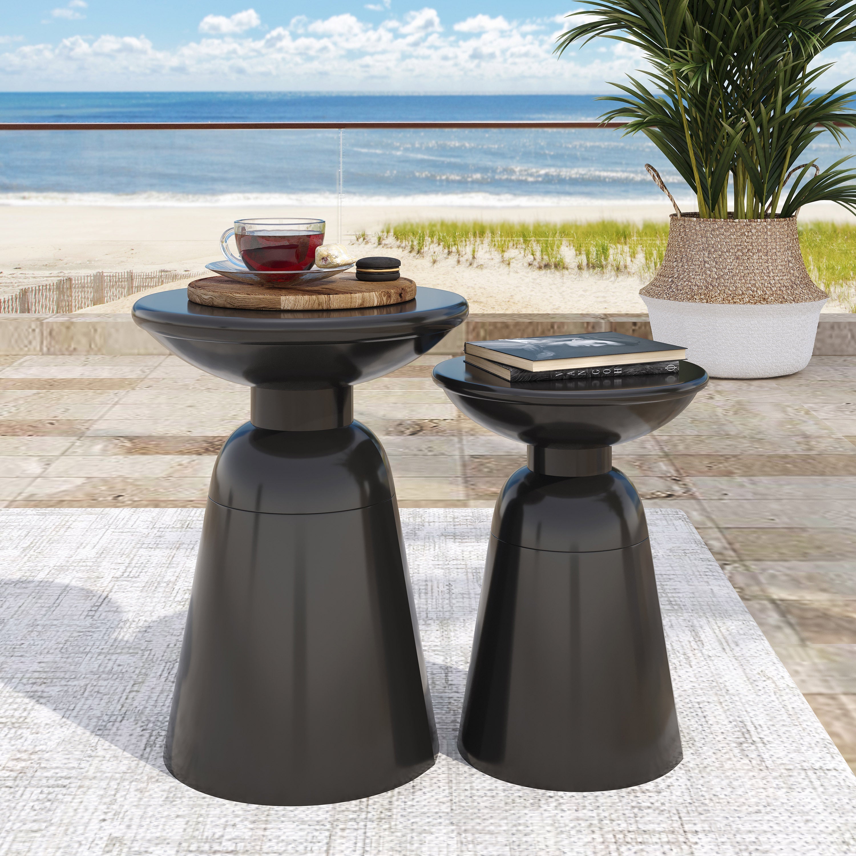 Serenita Outdoor Iron Side Tables with Flared Design, Set of 2 , Black