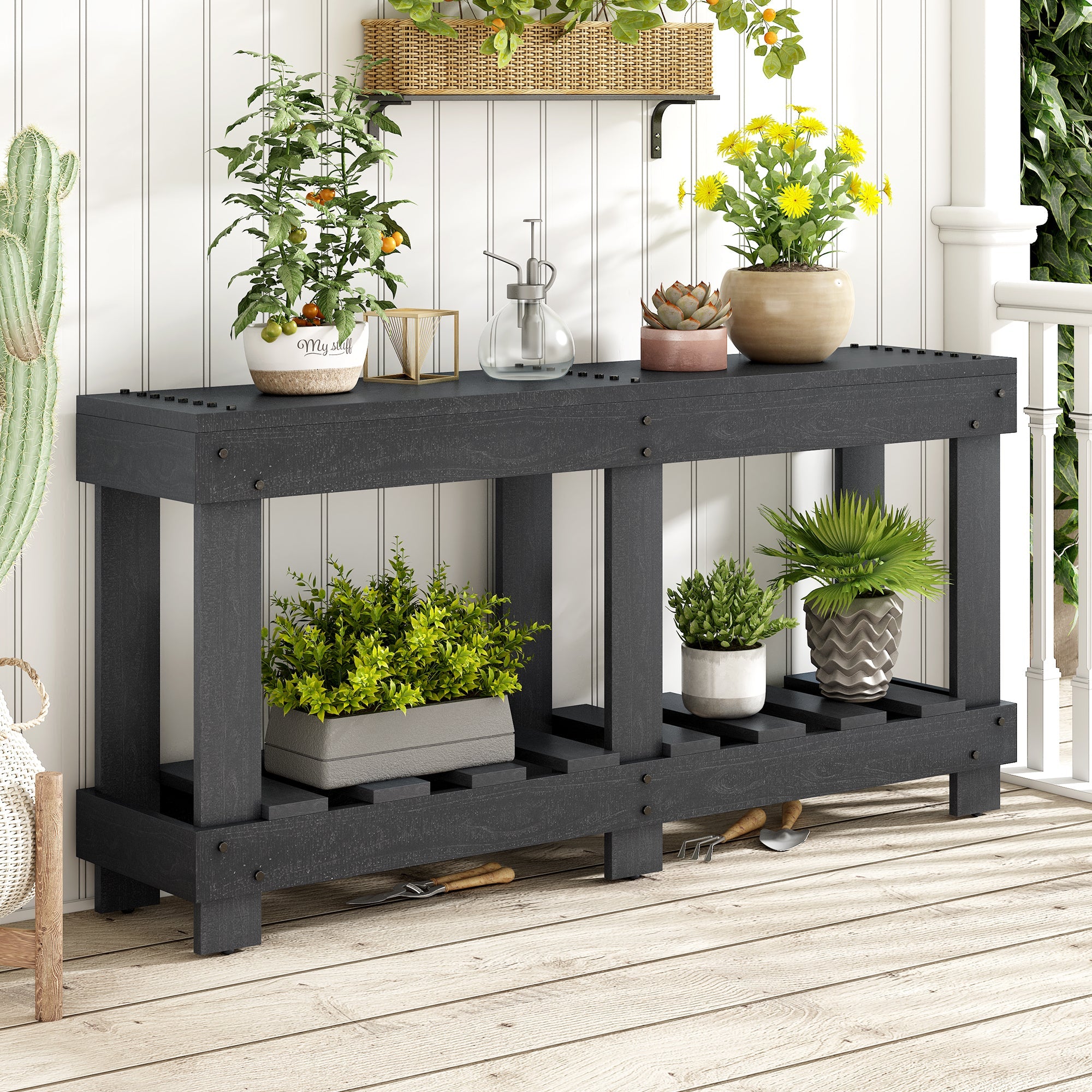 U_Style 62.9' Vintage Entryway Table - Fir Solid Wood with Natural Grain, 6 Reinforced Legs & 4.5' Thick Desktop, Metal Rivet Decor & Plank Under-Shelf, Console Table for Hallway, Living Room