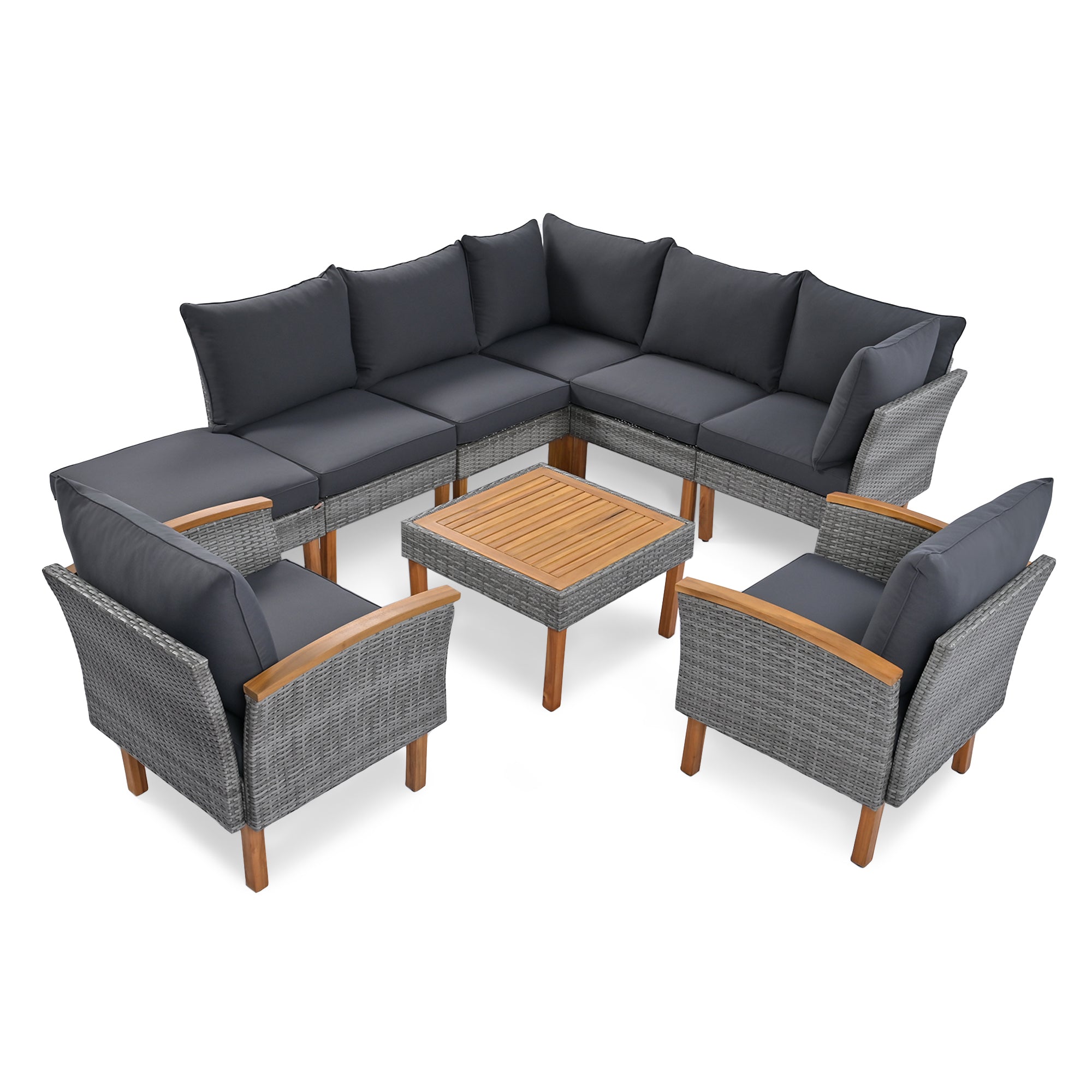 GO 9-Piece Patio Rattan Furniture Set, Outdoor Conversation Set With Acacia Wood Legs and Tabletop, PE Rattan Sectional Sofa Set with Coffee Table, Washable Cushion, Gray