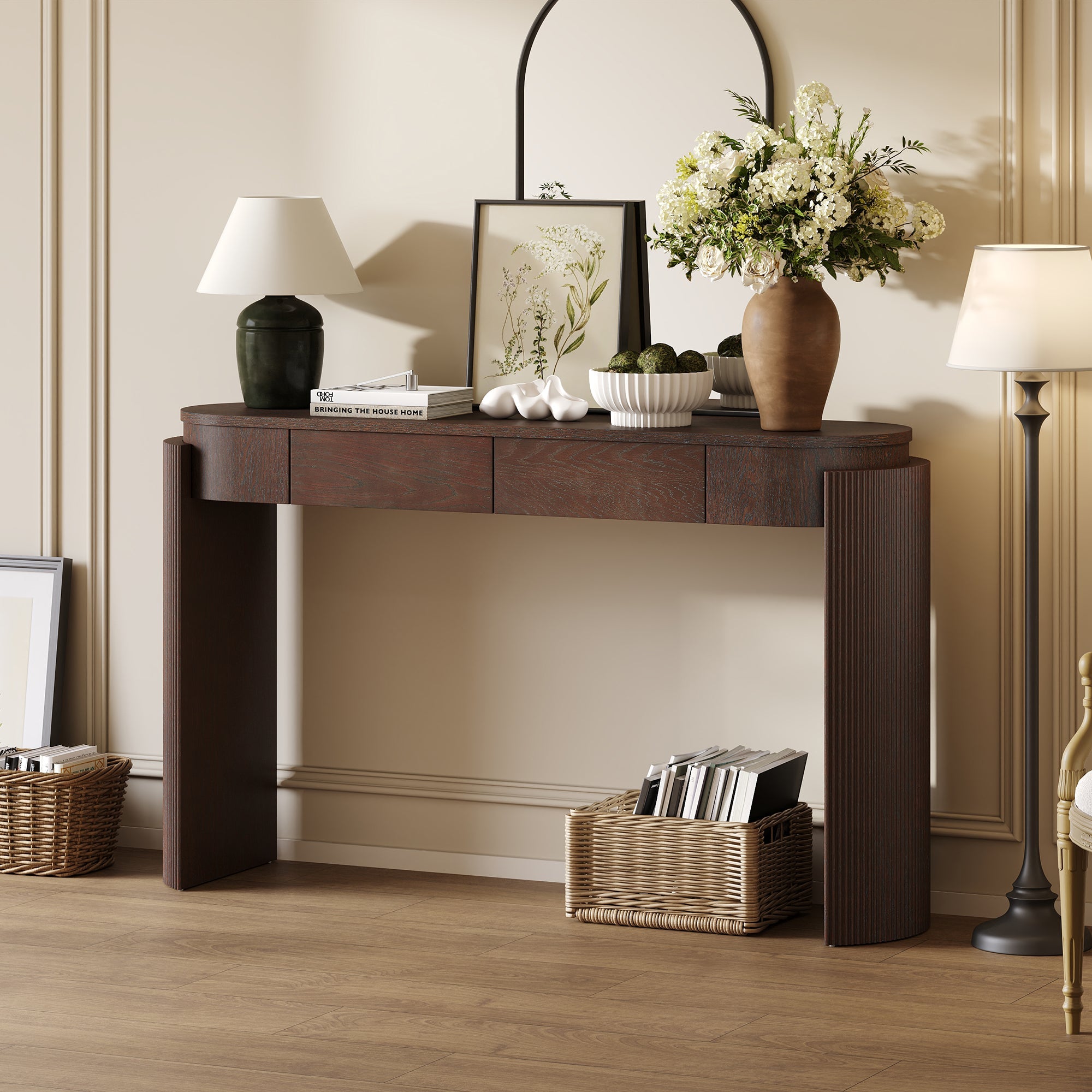 TREXM Entryway Table with Natural Wood Grain Finish, Console Table with Fluted Design, Oval Top and 2 Drawers for Entryway and Living Room (Espresso)