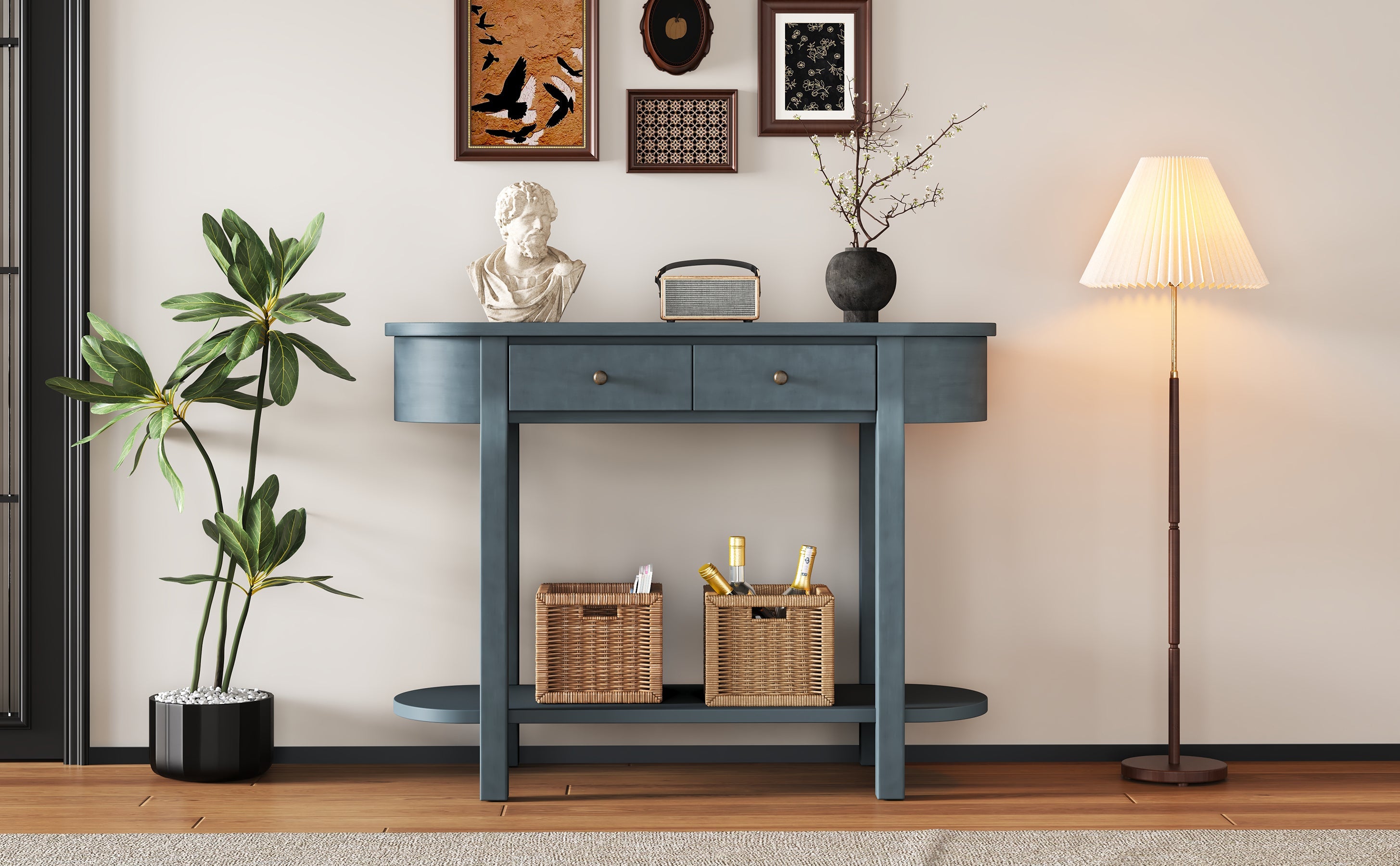 TREXM Elegant Retro Console Table with Curved Design and Smooth Glaze for Entryways, Living Rooms and hallways (Navy)