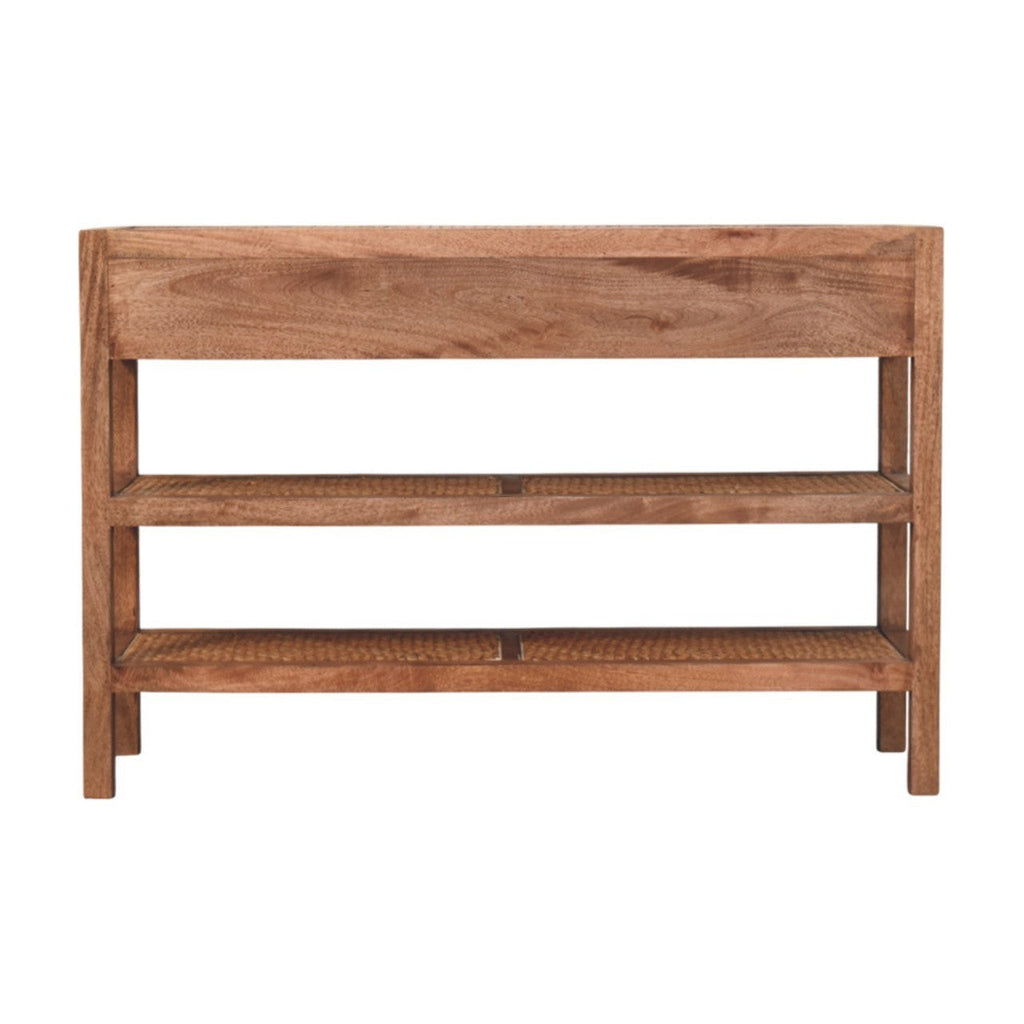 Solid Wood Woven Tier Console,Brown,2-Drawers,2-Shelf
