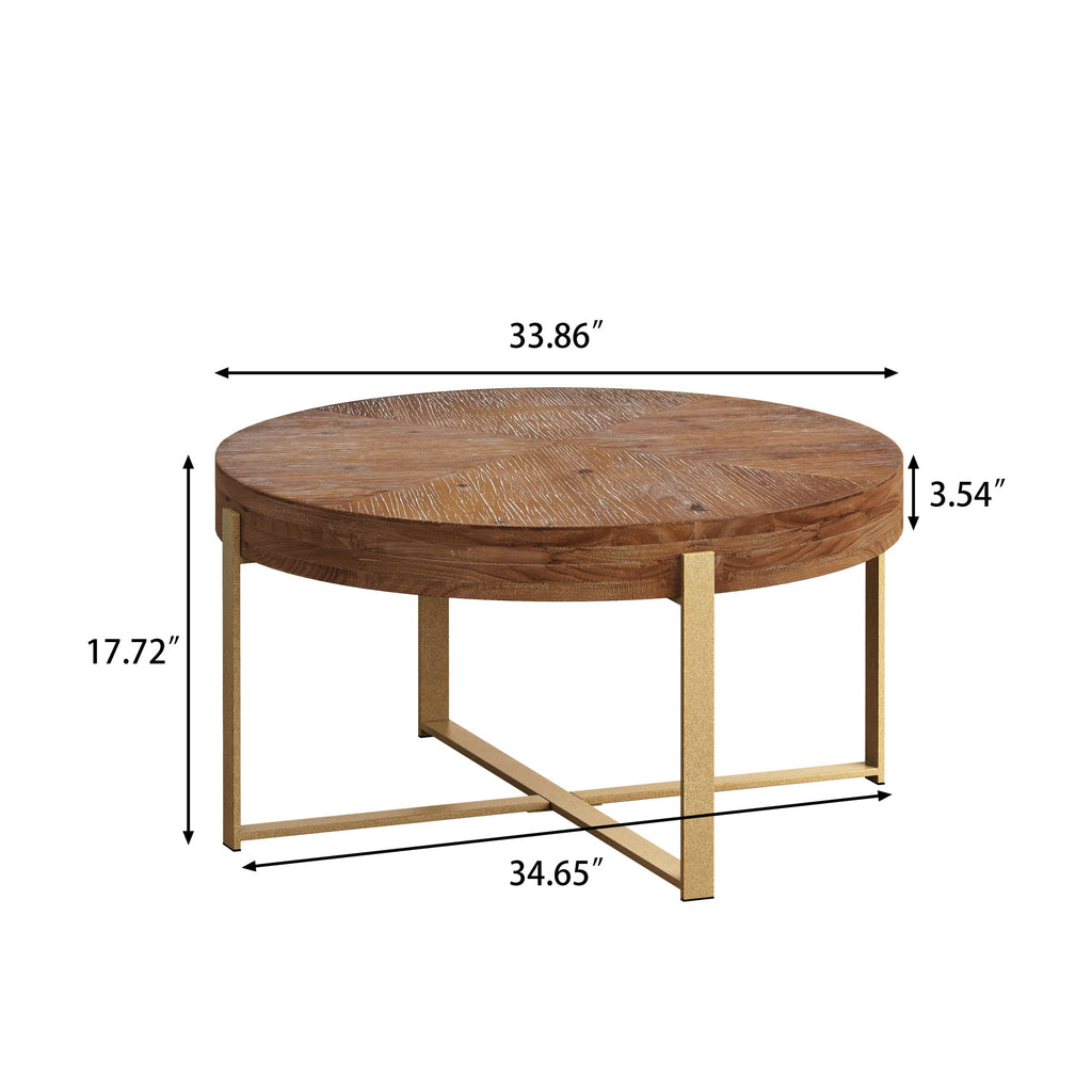33.86"Modern Retro Splicing Round Coffee Table,Fir Wood Table Top with Gold Cross Legs Base(Same SKU:W757126236)