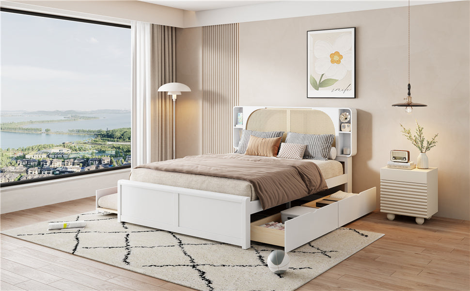 Queen Size Rattan Headboard Bed with Two Drawers and Trundle, White
