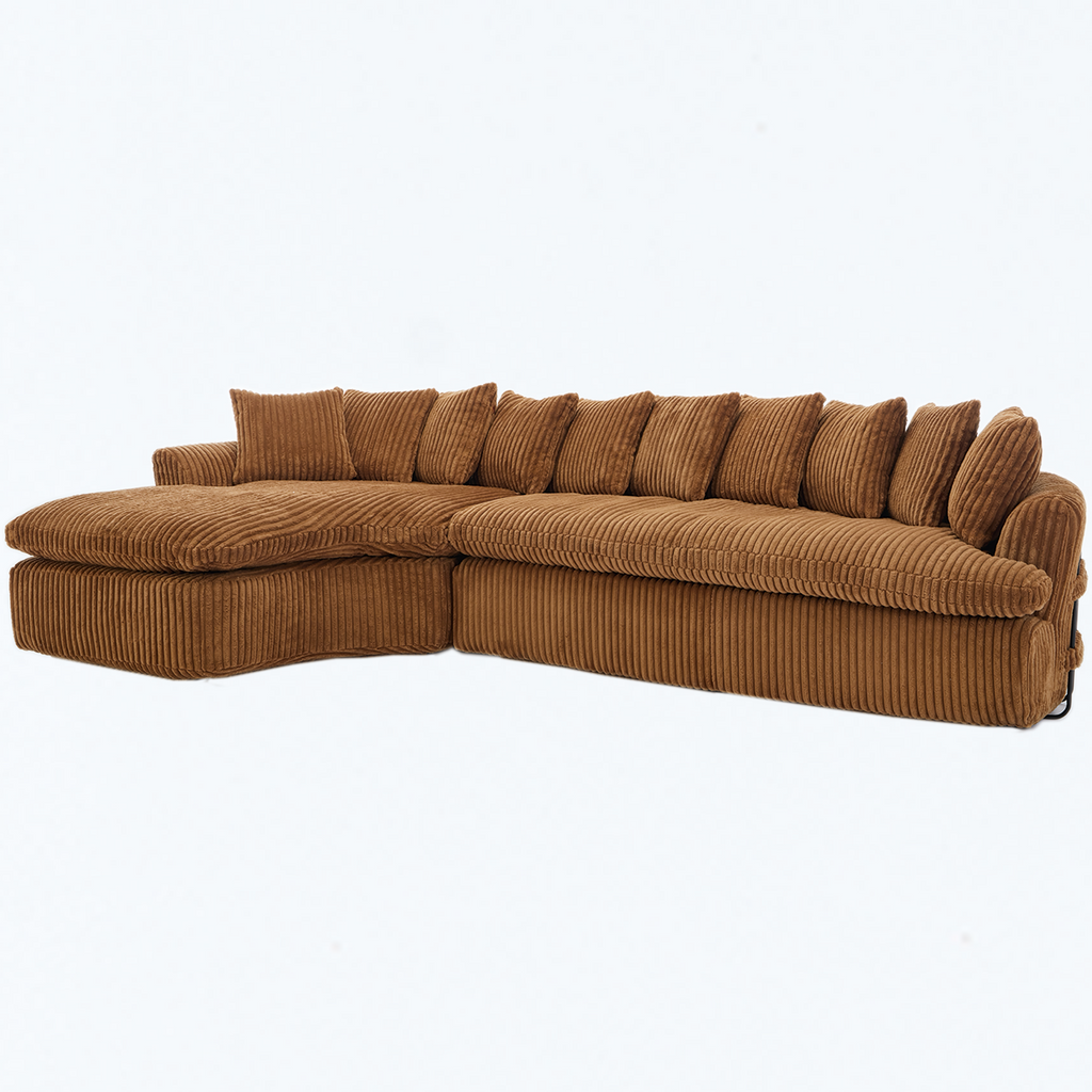 127''  Large Sectional Sofa ,Elegant Curved Design ,High-Resilience Foam ,Ten Back Cushions,L-Shape Left Sofa,No Assembly  Required , (Brown-Soft Corduroy Fabric)