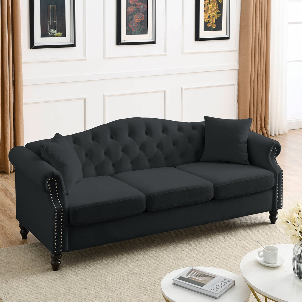 [Video] 79' Chesterfield Sofa Black Velvet for Living Room, 3 Seater Sofa Tufted Couch with Rolled Arms and Nailhead for Living Room, Bedroom, Office, Apartment, 3S+3S