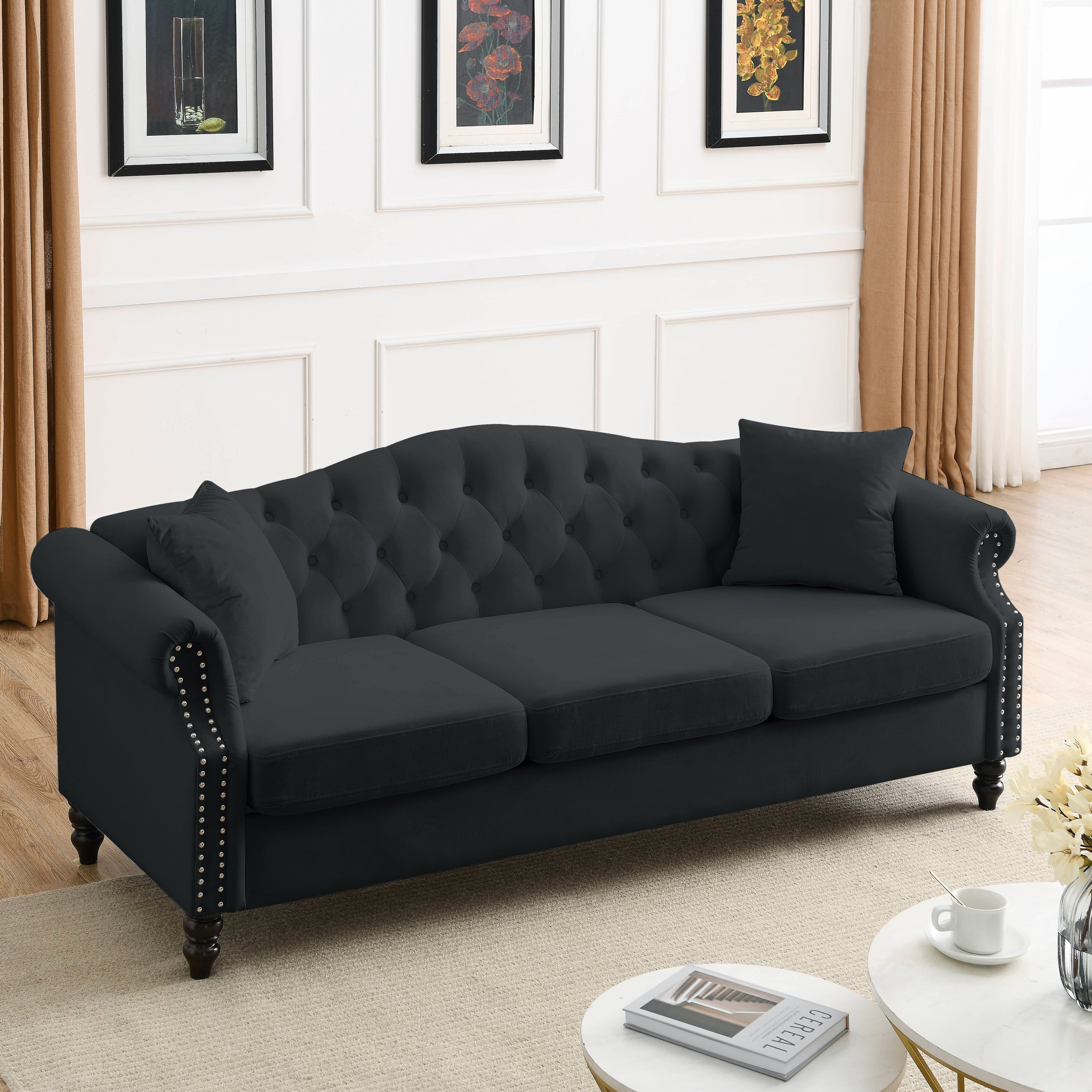 [Video] 79' Chesterfield Sofa Black Velvet for Living Room, 3 Seater Sofa Tufted Couch with Rolled Arms and Nailhead for Living Room, Bedroom, Office, Apartment, 3S+3S
